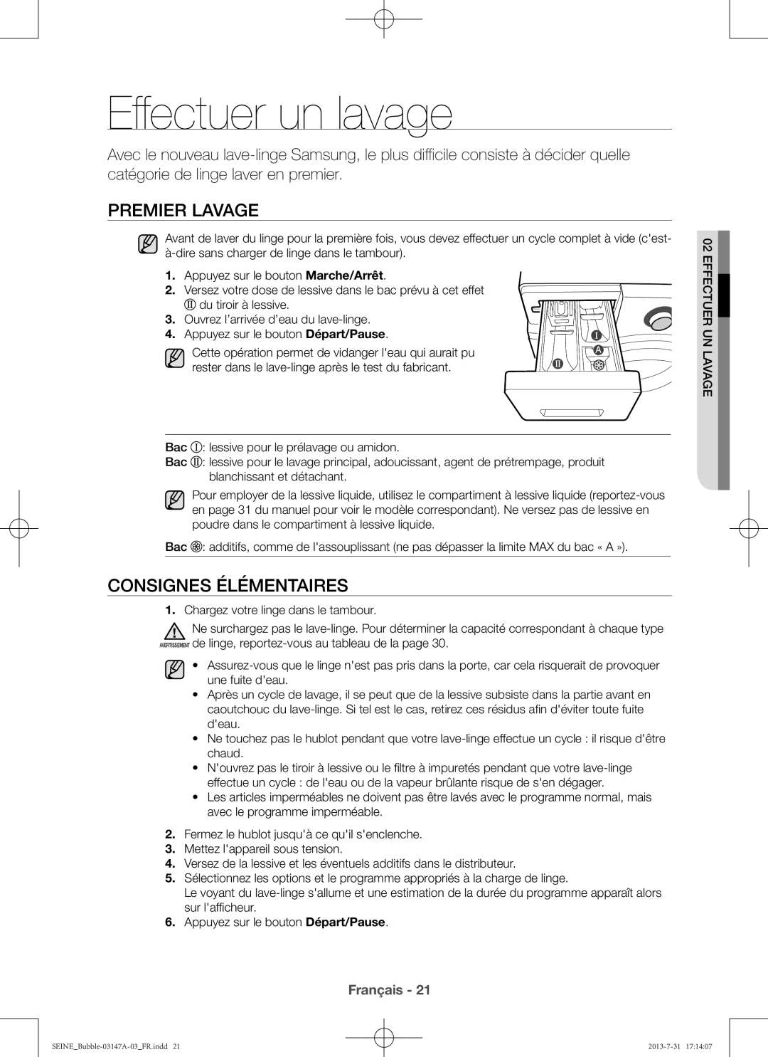 Samsung WF906U4SAWQ/EF, WF806U4SAWQ/EF Effectuer un lavage, Premier lavage, Consignes élémentaires, Reun ectulavag 02 Eff 