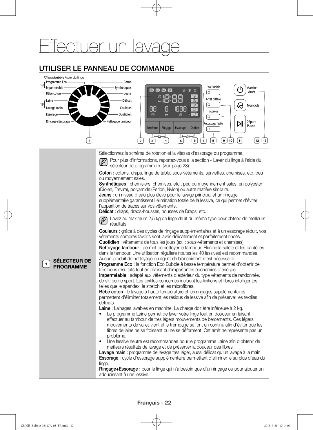 Samsung WF806U4SAWQ/EF, WF906U4SAWQ/EF manual Utiliser le panneau de commande, Sélecteur DE Programme 