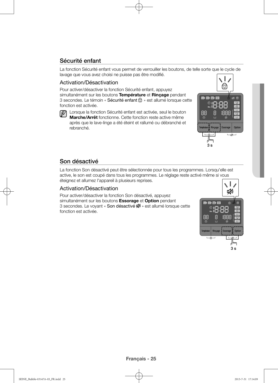 Samsung WF906U4SAWQ/EF, WF806U4SAWQ/EF manual Son désactivé, Activation/Désactivation 