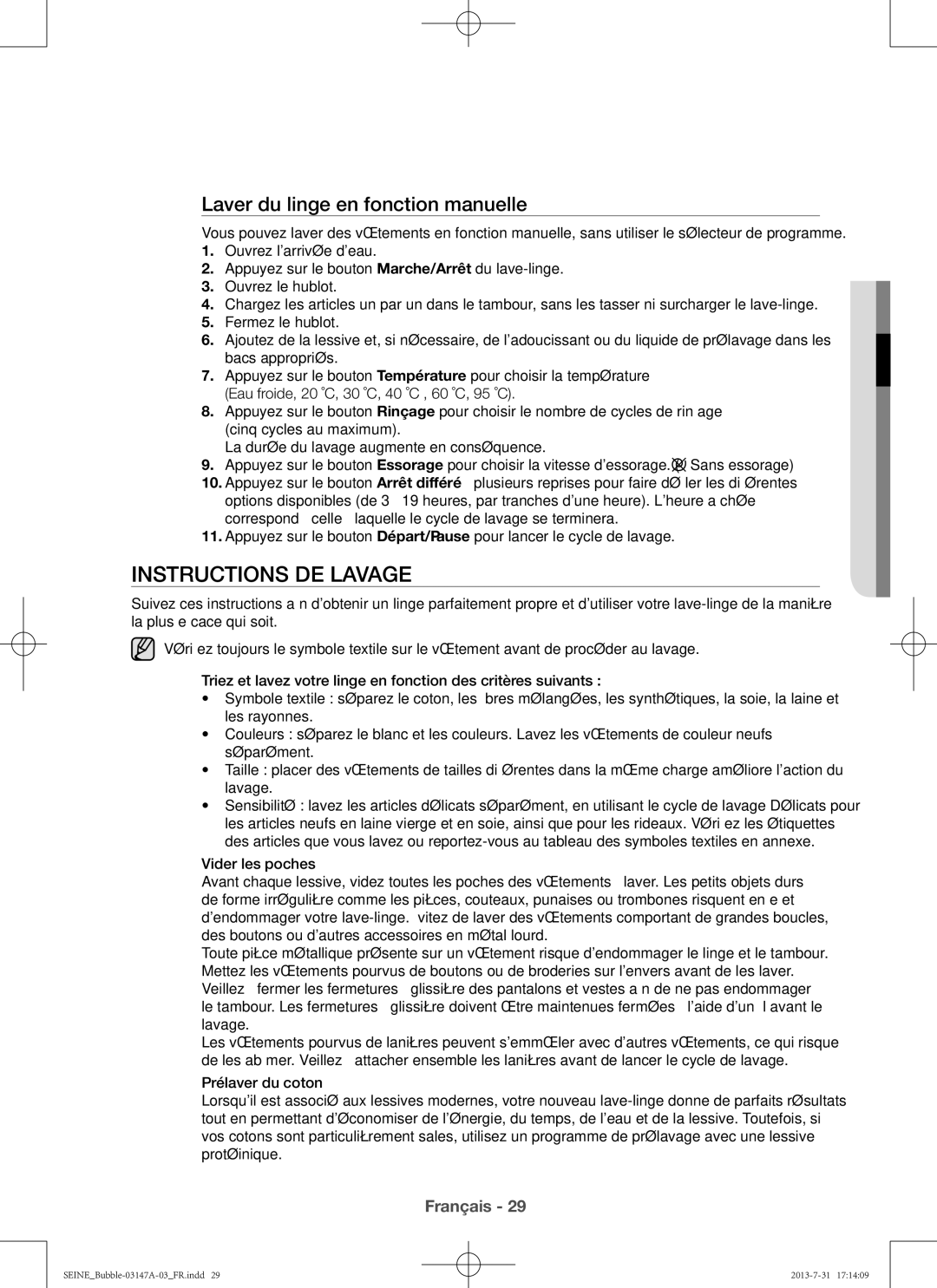 Samsung WF906U4SAWQ/EF, WF806U4SAWQ/EF manual Instructions de lavage, Laver du linge en fonction manuelle 