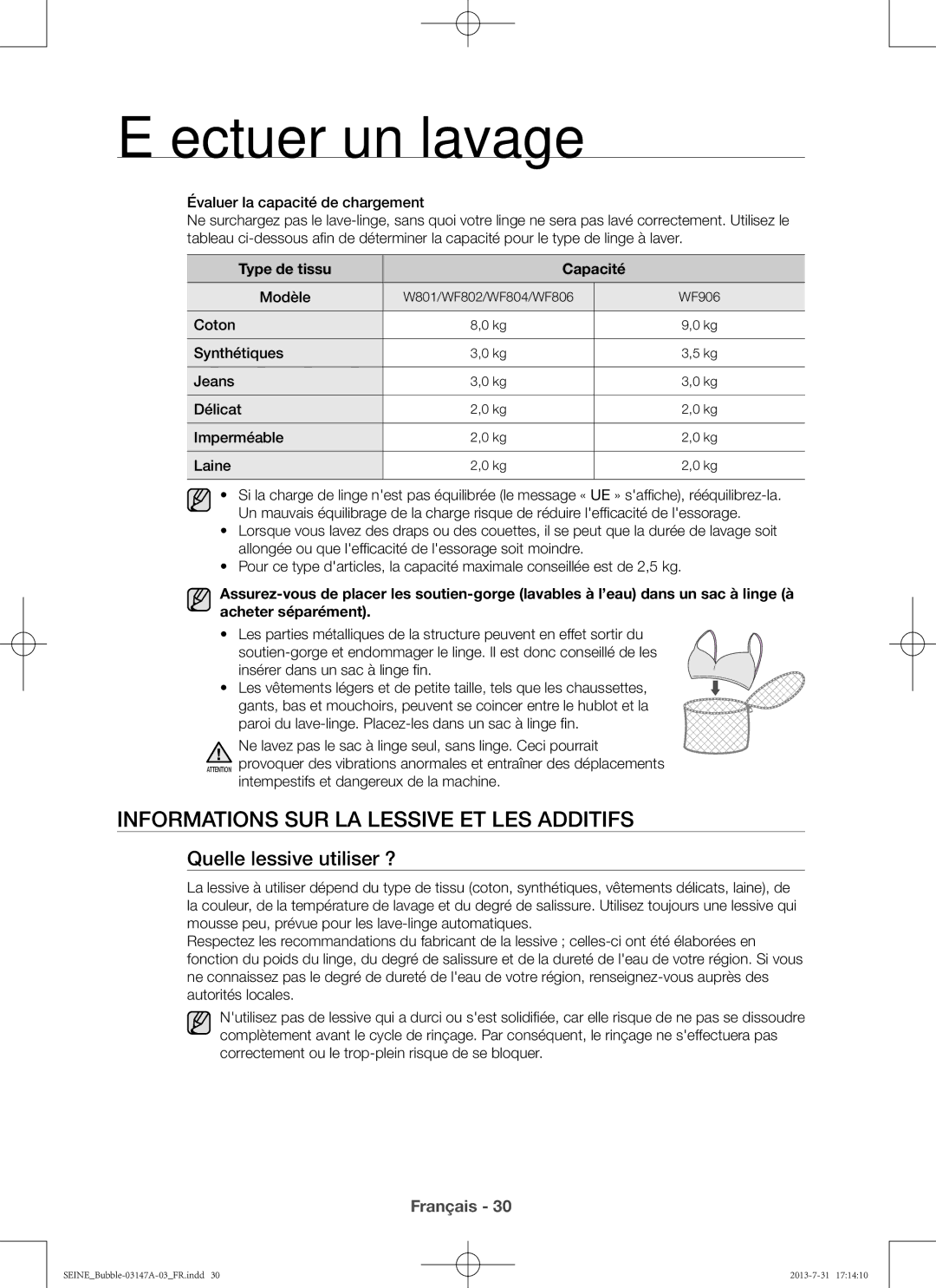 Samsung WF806U4SAWQ/EF, WF906U4SAWQ/EF manual Informations sur la lessive et les additifs, Quelle lessive utiliser ? 