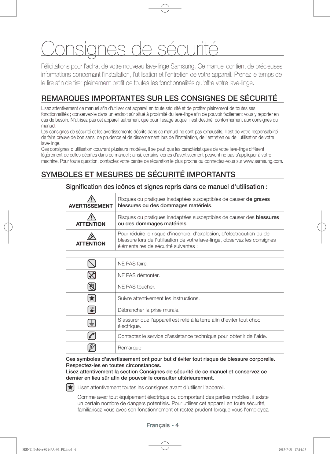 Samsung WF806U4SAWQ/EF manual Consignes de sécurité, Remarques importantes sur les consignes de sécurité, Avertissement 