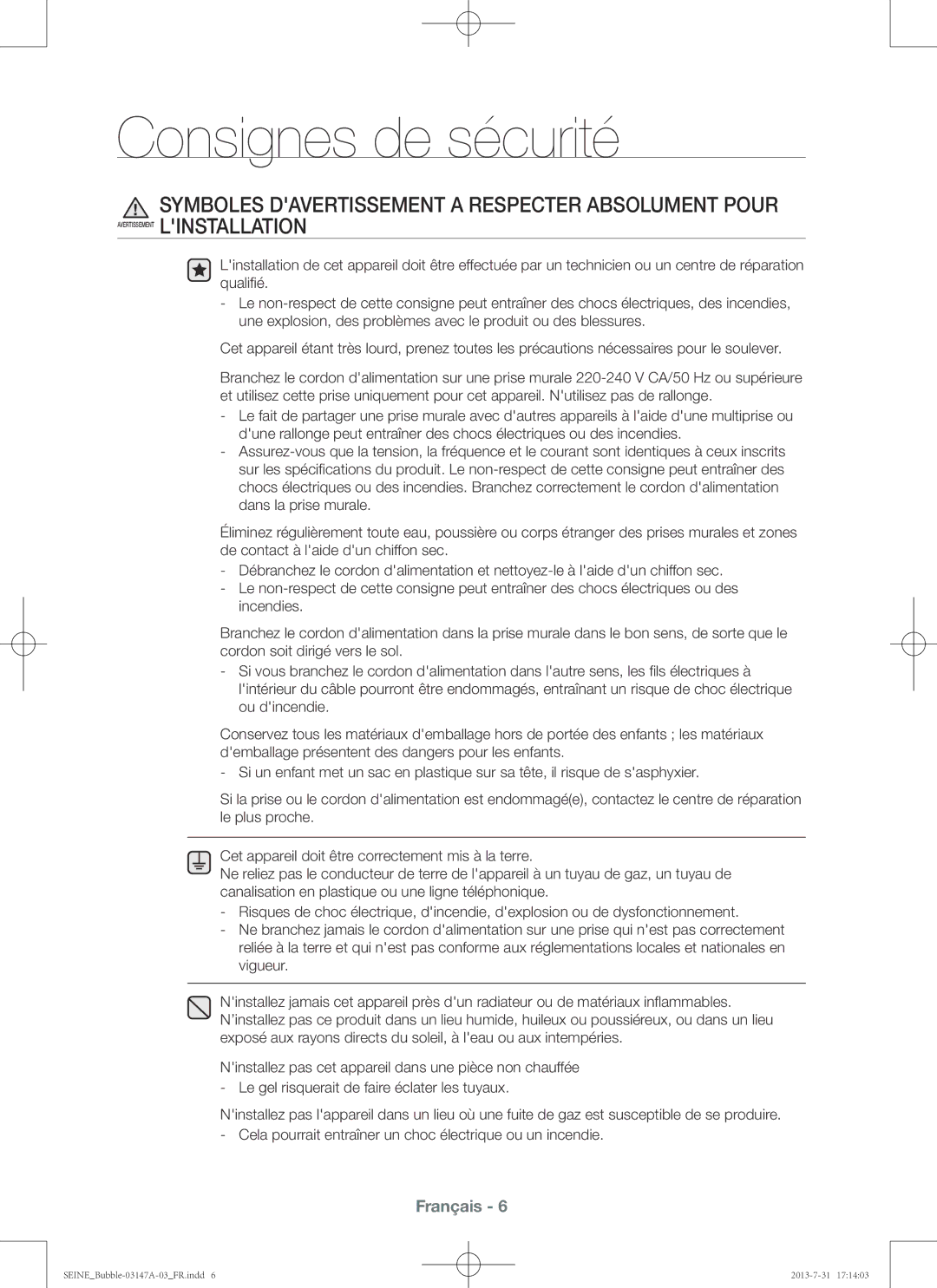 Samsung WF806U4SAWQ/EF, WF906U4SAWQ/EF manual Consignes de sécurité 