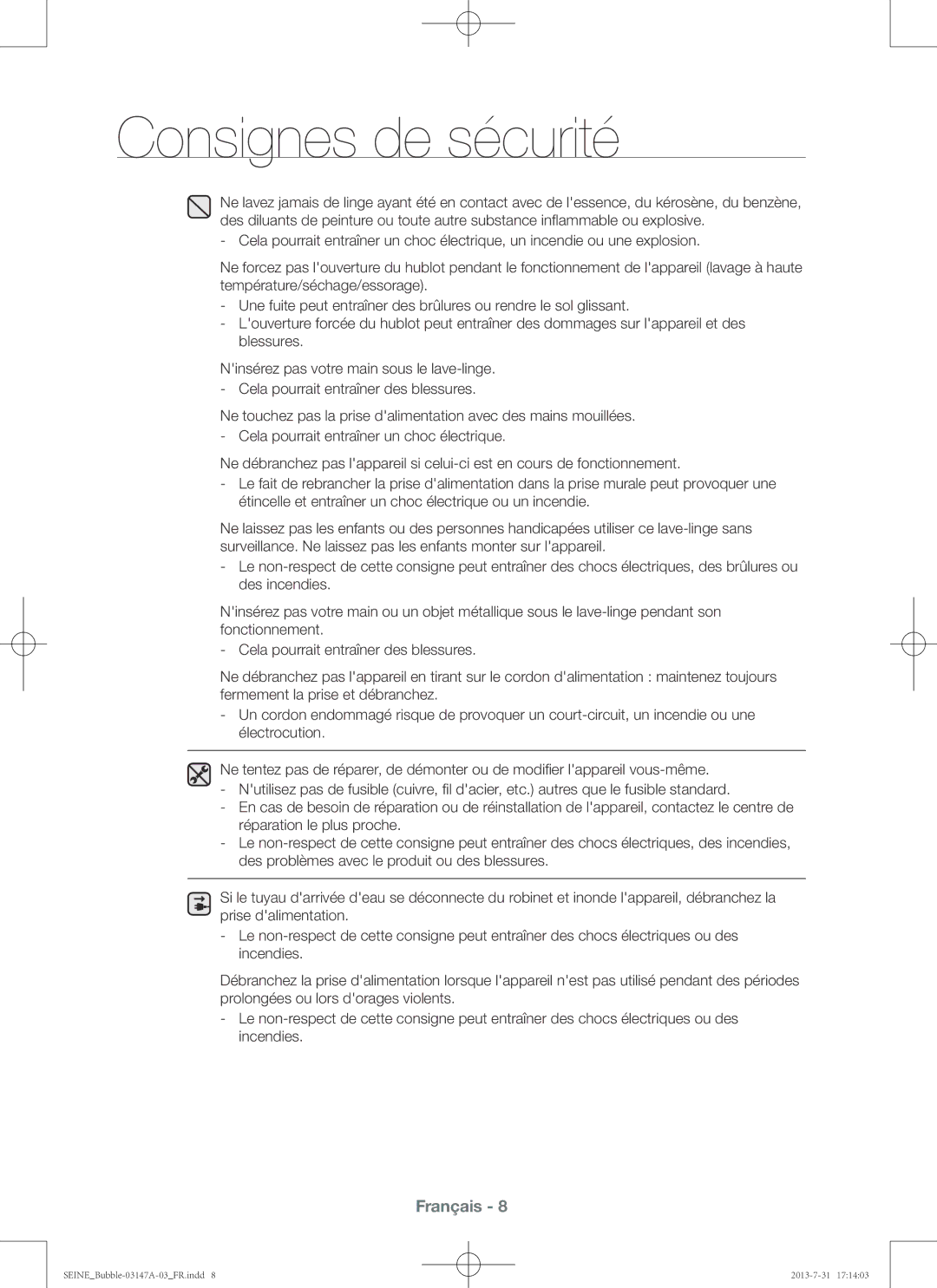 Samsung WF806U4SAWQ/EF, WF906U4SAWQ/EF manual Consignes de sécurité 