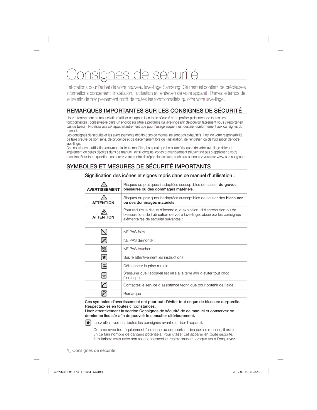 Samsung WF906U4SAWQ/EF, WF806U4SAWQ/EF manual Consignes de sécurité 