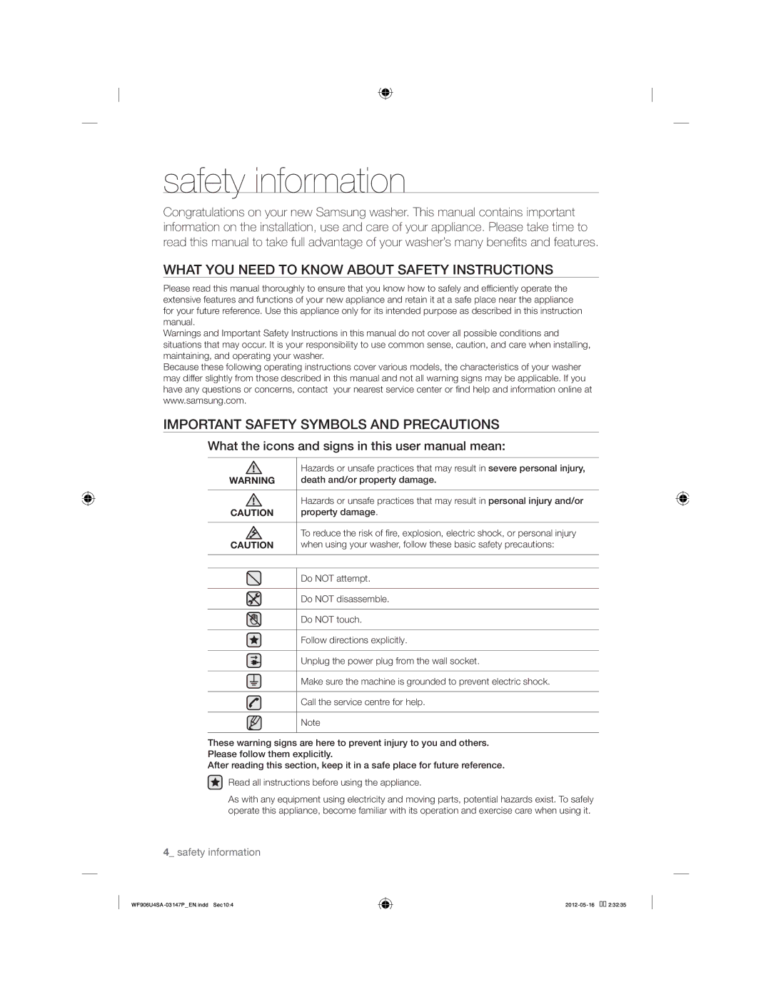 Samsung WF806U4SAWQ/LV, WF805U4SAWQ/LV, WF906U4SAWQ/LV manual Safety information 