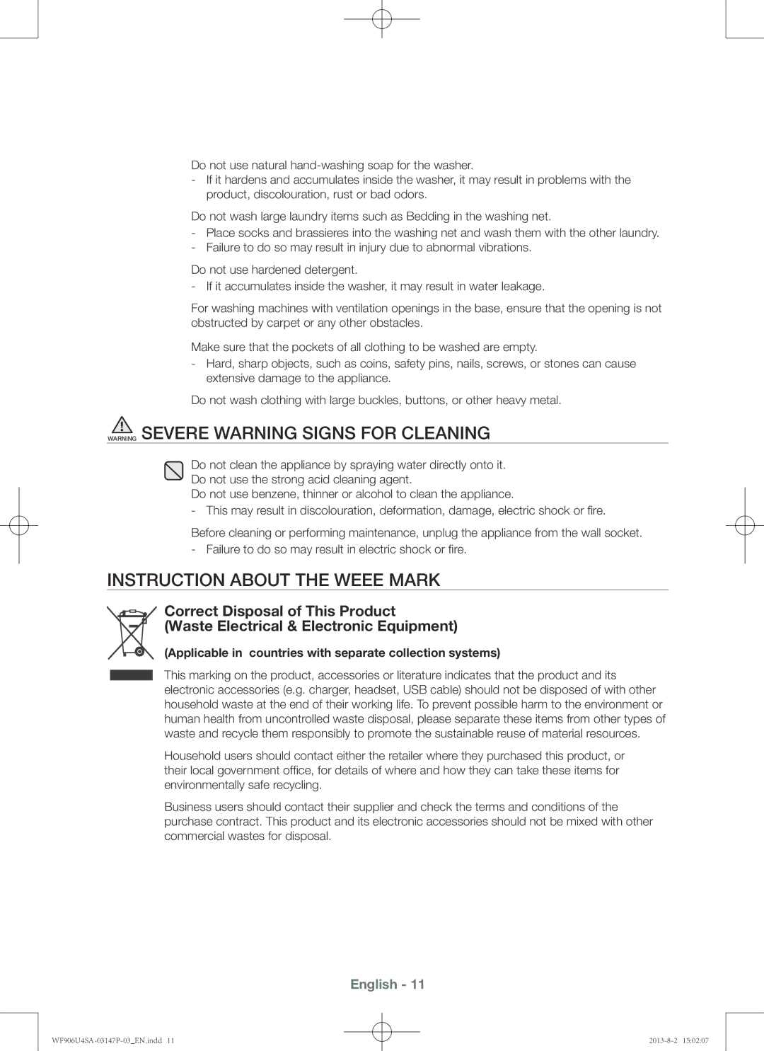 Samsung WF906U4SAWQ/LV manual Instruction about the Weee mark, Applicable in countries with separate collection systems 