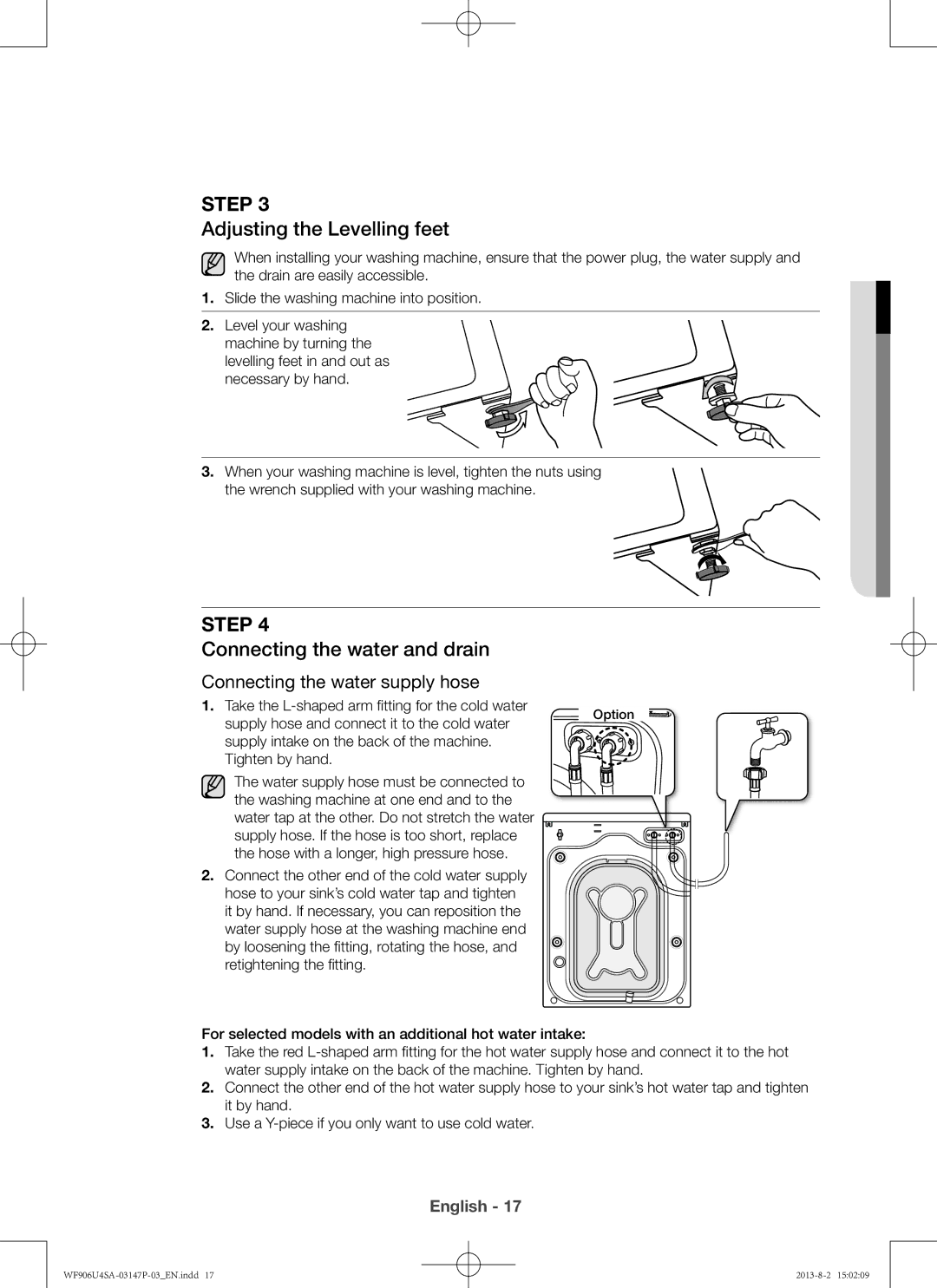 Samsung WF906U4SAWQ/LV, WF806U4SAWQ/LV, WF805U4SAWQ/LV manual Adjusting the Levelling feet, Connecting the water and drain 