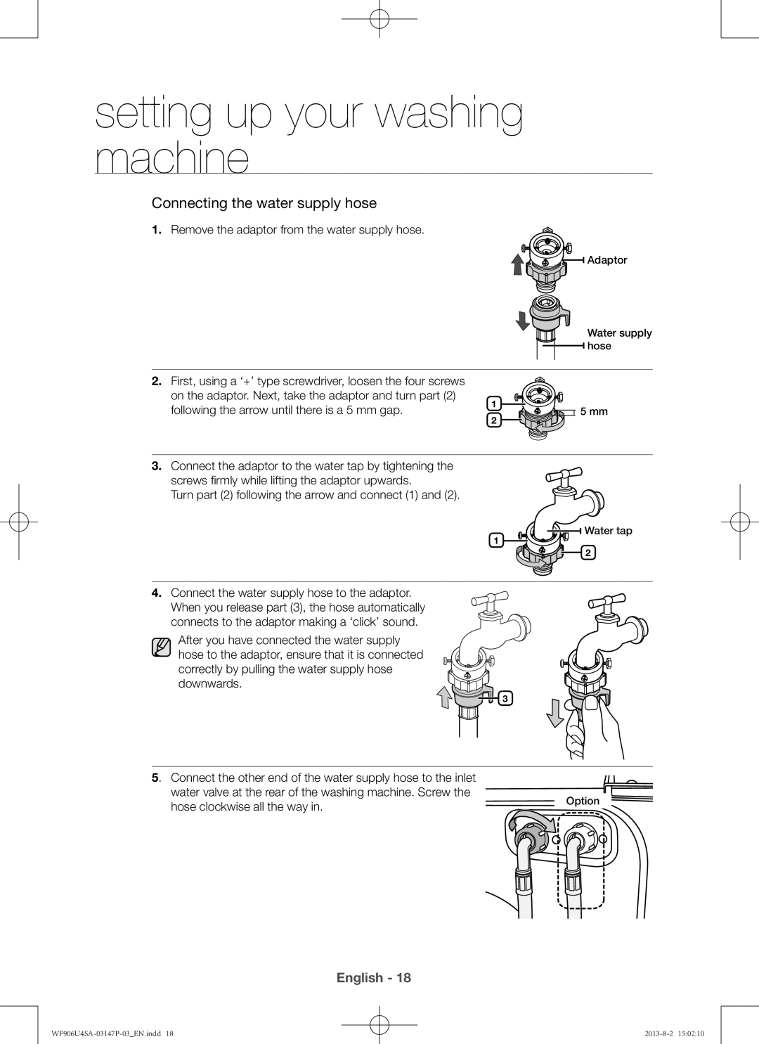 Samsung WF806U4SAWQ/LV, WF805U4SAWQ/LV manual Remove the adaptor from the water supply hose, Hose clockwise all the way 