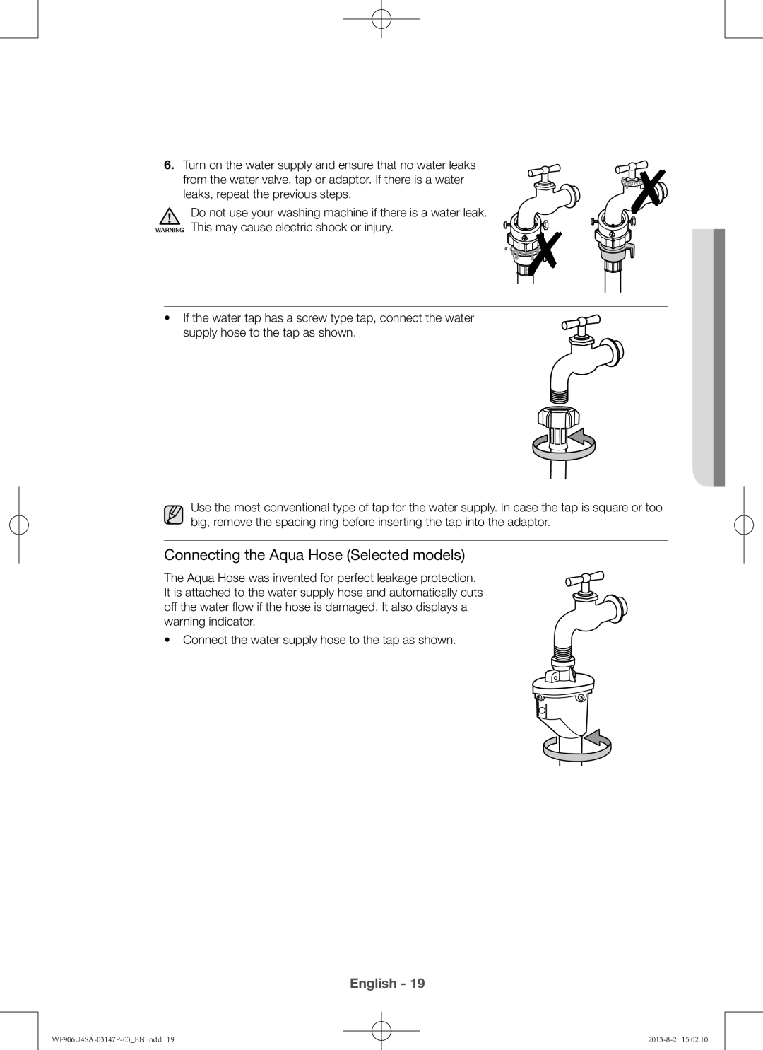 Samsung WF805U4SAWQ/LV, WF806U4SAWQ/LV, WF906U4SAWQ/LV manual Connecting the Aqua Hose Selected models 