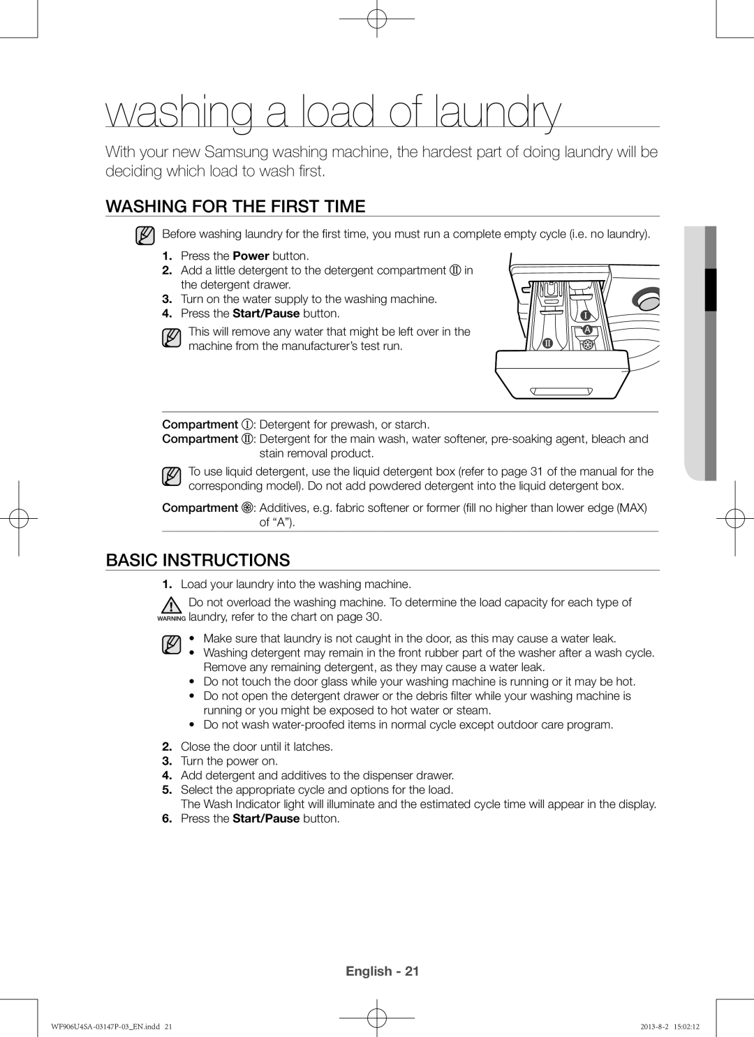 Samsung WF806U4SAWQ/LV, WF805U4SAWQ/LV manual Washing a load of laundry, Washing for the first time, Basic instructions 