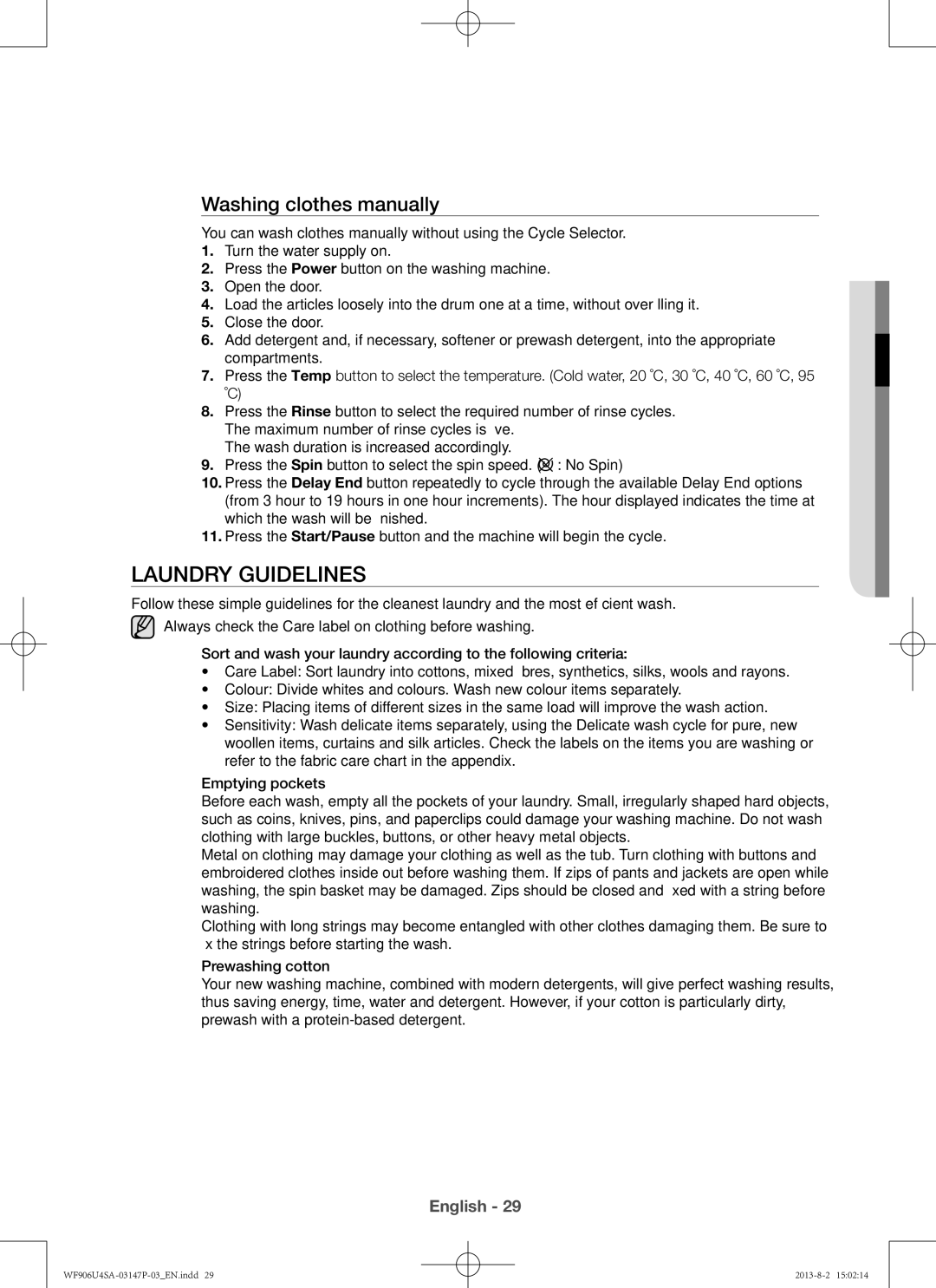 Samsung WF906U4SAWQ/LV, WF806U4SAWQ/LV, WF805U4SAWQ/LV Laundry guidelines, Washing clothes manually 