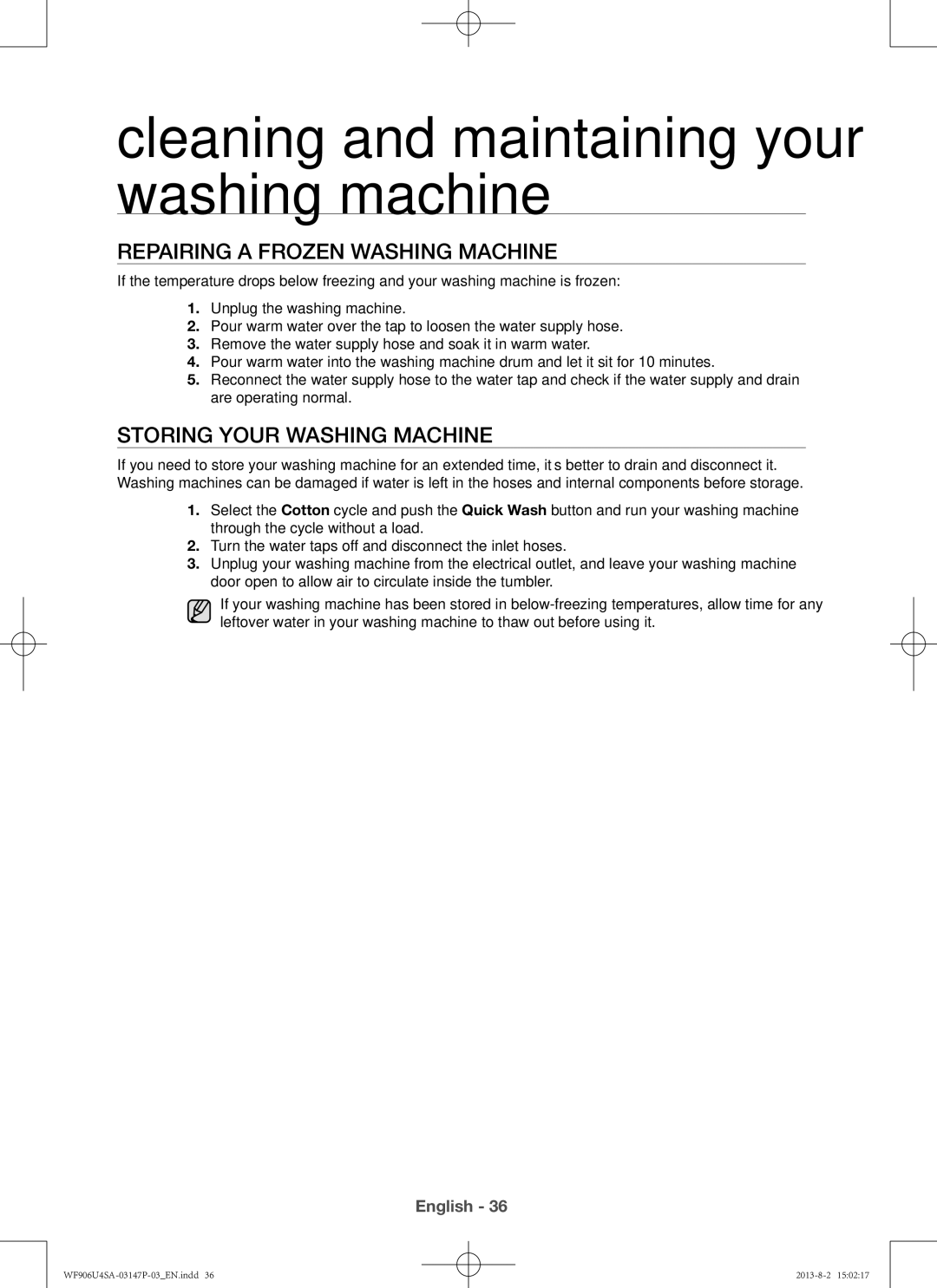 Samsung WF806U4SAWQ/LV, WF805U4SAWQ/LV, WF906U4SAWQ/LV Repairing a frozen washing machine, Storing your washing machine 