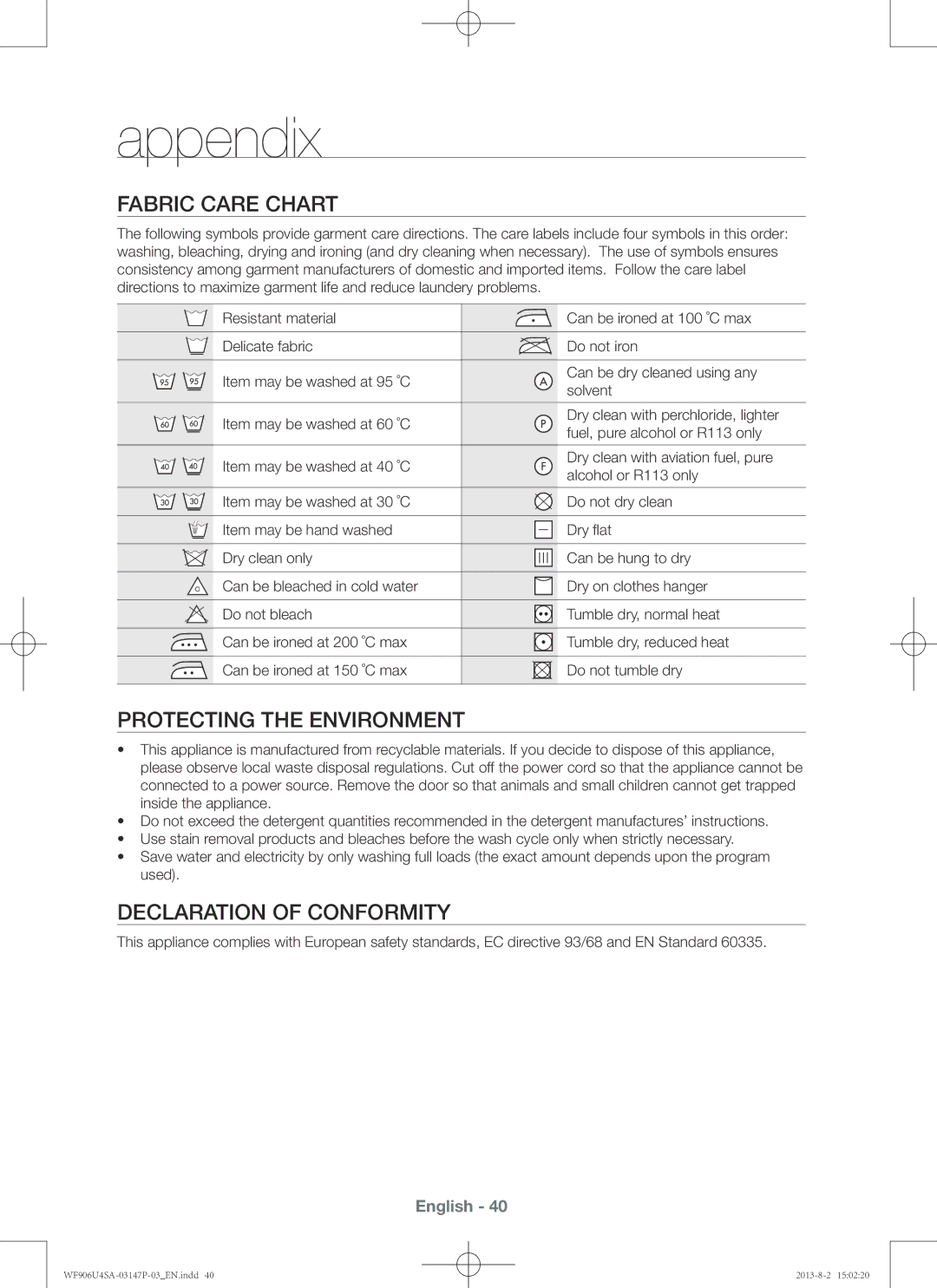 Samsung WF805U4SAWQ/LV, WF806U4SAWQ/LV Appendix, Fabric care chart, Protecting the environment, Declaration of conformity 