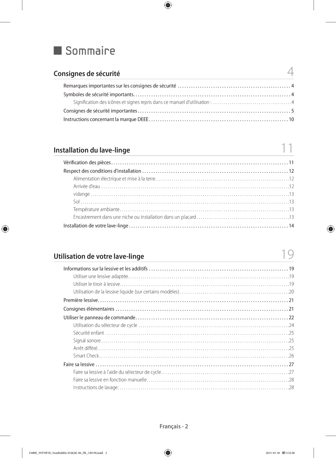 Samsung WF80F5E0N4W/EF, WF80F5E0N2W/EF, WF70F5E0N2W/EF, WF70F5E0N4W/EF, WF60F4E0N2W/EF manual Sommaire 