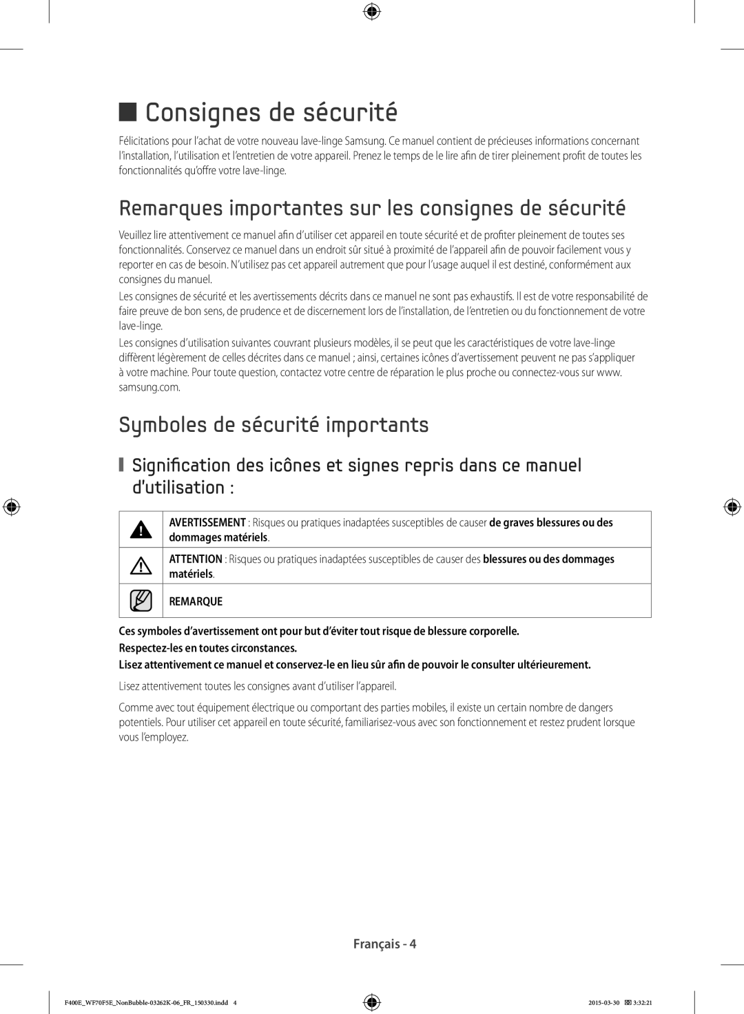 Samsung WF70F5E0N4W/EF manual Remarques importantes sur les consignes de sécurité, Symboles de sécurité importants 