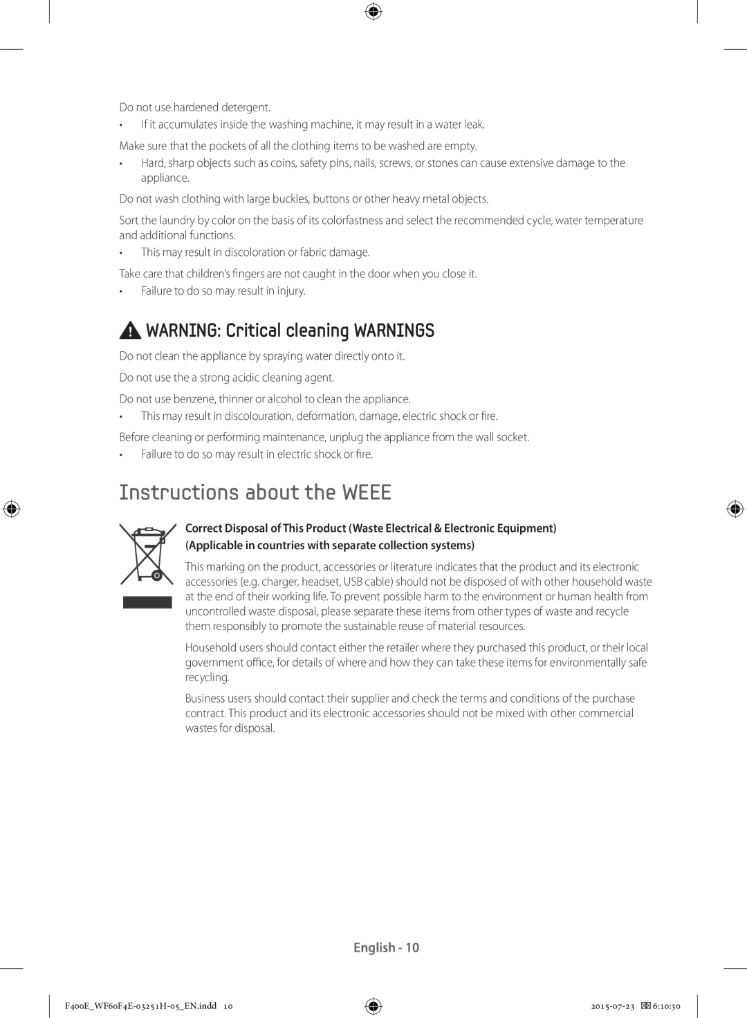 Samsung WF80F5E0W2W/EU manual Instructions about the Weee 