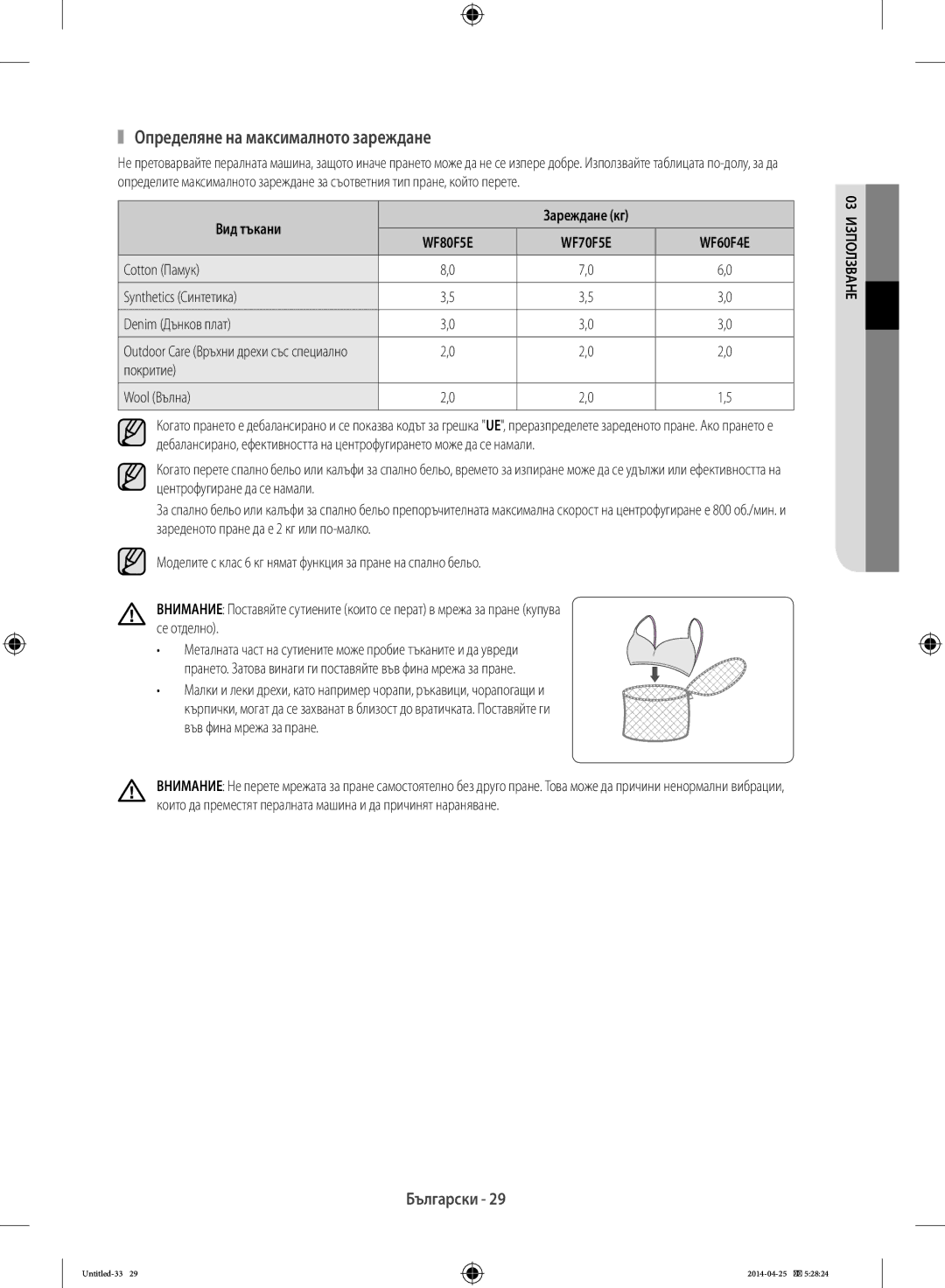 Samsung WF60F4E5W2X/LE manual Вид тъкани, Cotton Памук Synthetics Синтетика Denim Дънков плат, Покритие Wool Вълна 