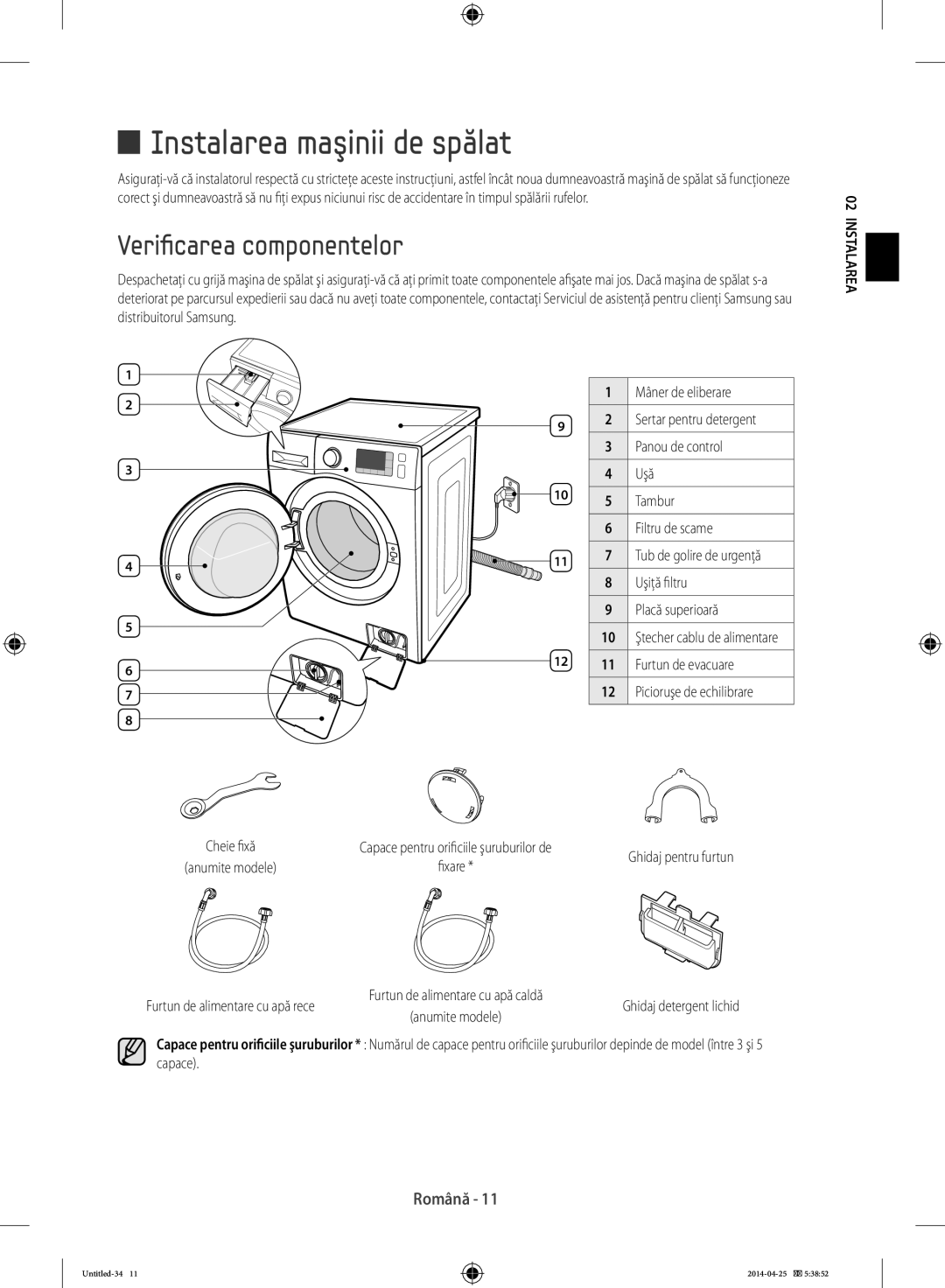 Samsung WF60F4E5W2W/LE, WF80F5E0W2W/LE, WF80F5E5W4W/LE manual Instalarea maşinii de spălat, Verificarea componentelor 