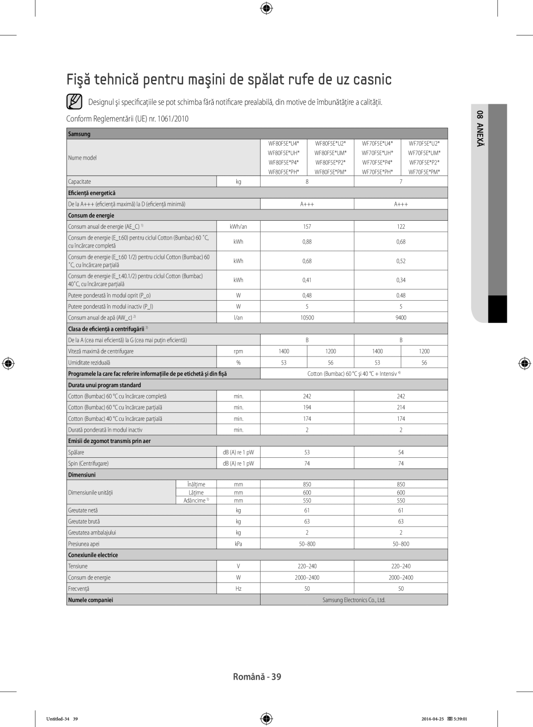 Samsung WF70F5E5U4X/LE manual Fişă tehnică pentru maşini de spălat rufe de uz casnic, Conform Reglementării UE nr /2010 