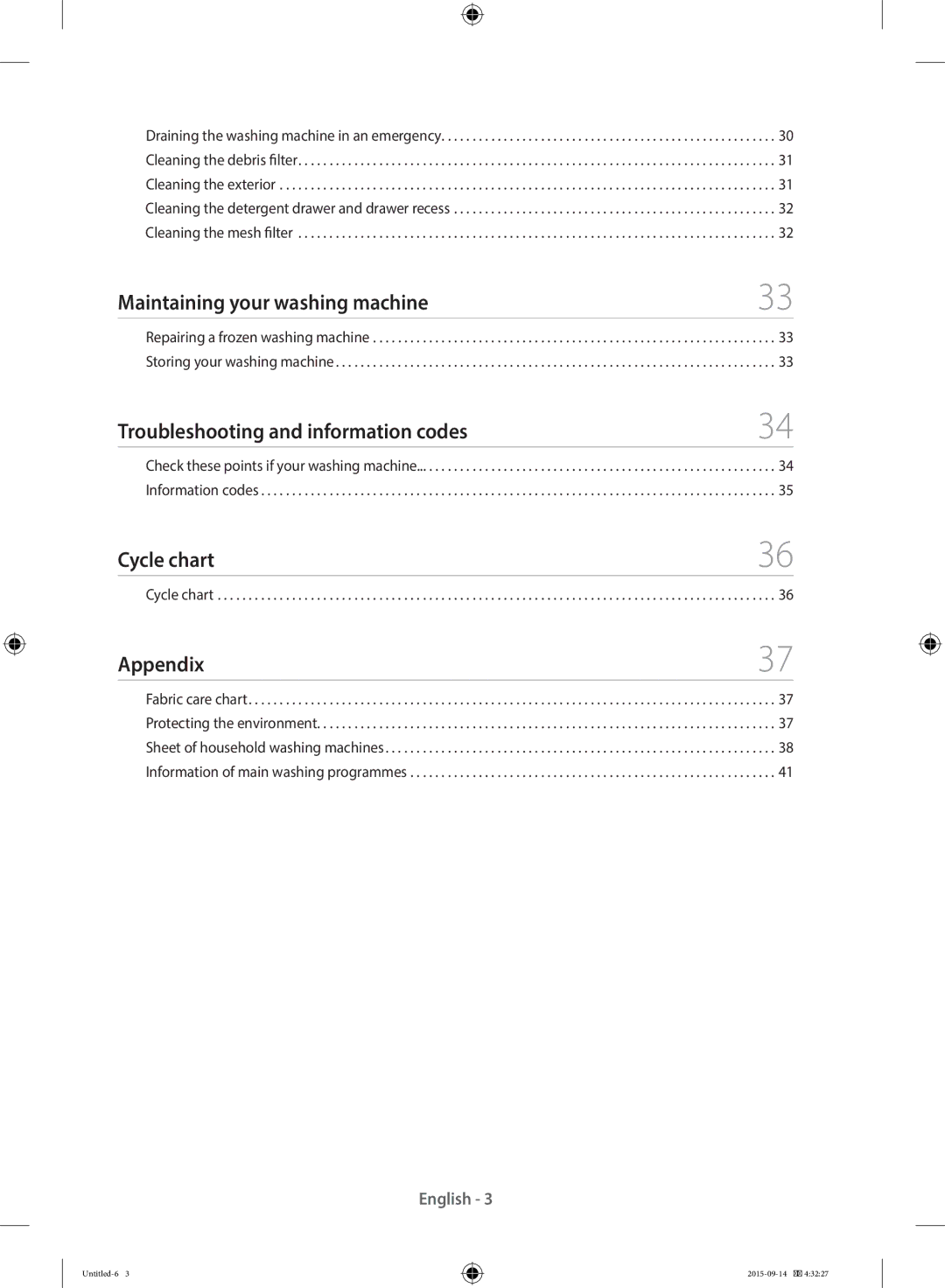 Samsung WF60F4E0W0W/LE Maintaining your washing machine, Troubleshooting and information codes, Cycle chart, Appendix 