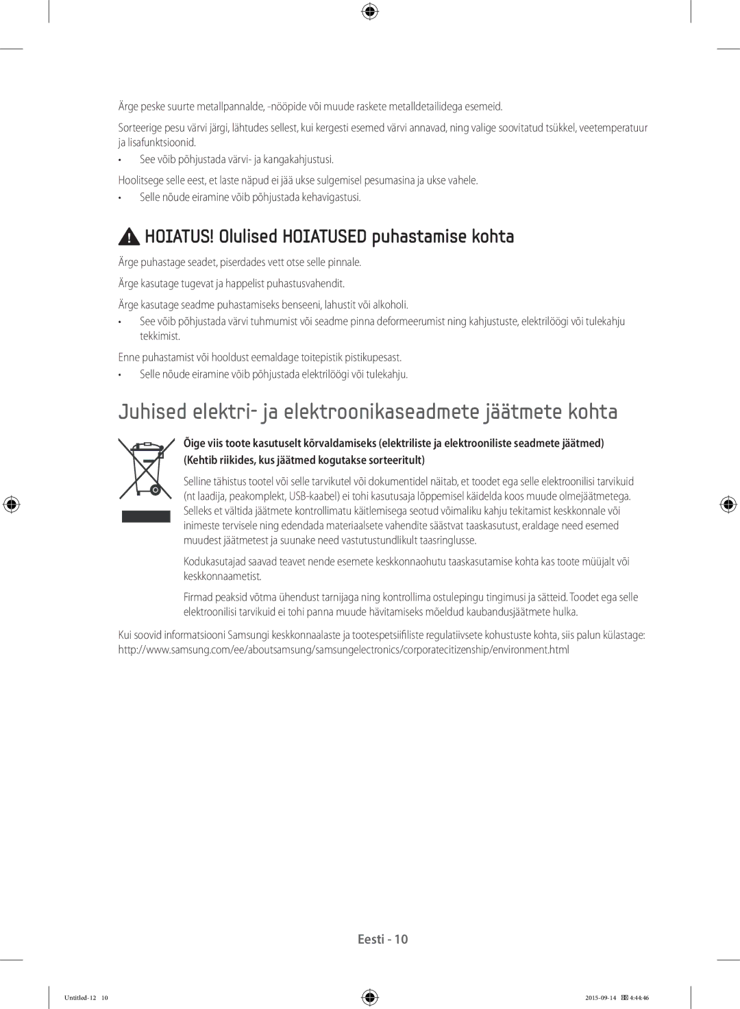 Samsung WF60F4ECW2W/LE, WF80F5E0W4W/LE, WF80F5E0W2W/LE manual Juhised elektri- ja elektroonikaseadmete jäätmete kohta 