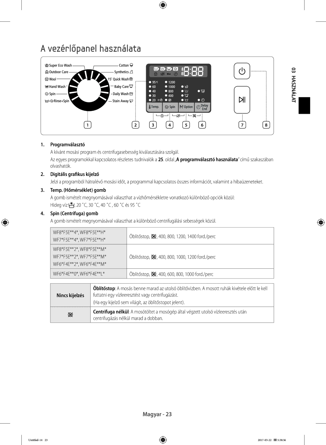 Samsung WF60F4E0W2W/LE manual Vezérlőpanel használata, Programválasztó, Digitális grafikus kijelző, Temp. Hőmérséklet gomb 