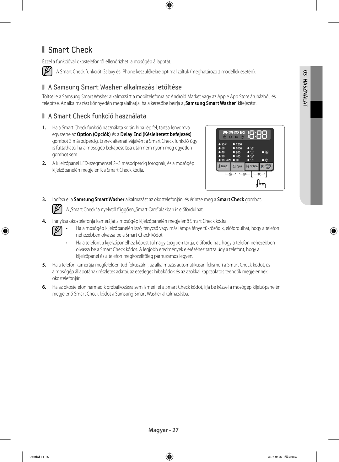 Samsung WF70F5E0W4W/LE, WF80F5E0W4W/LE manual Samsung Smart Washer alkalmazás letöltése, Smart Check funkció használata 