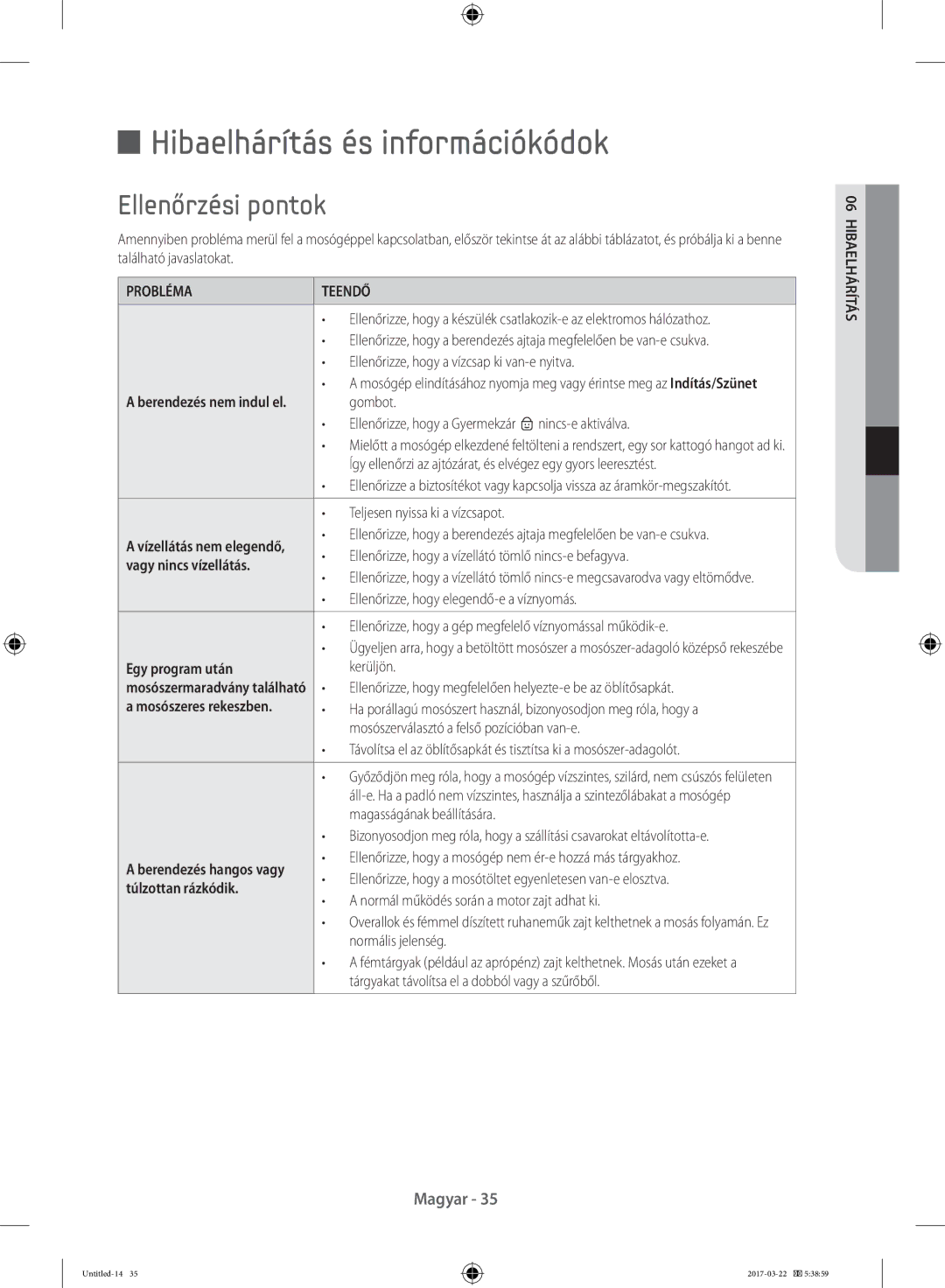 Samsung WF80F5E0W2W/LE manual Hibaelhárítás és információkódok, Ellenőrzési pontok, Vagy nincs vízellátás, Egy program után 