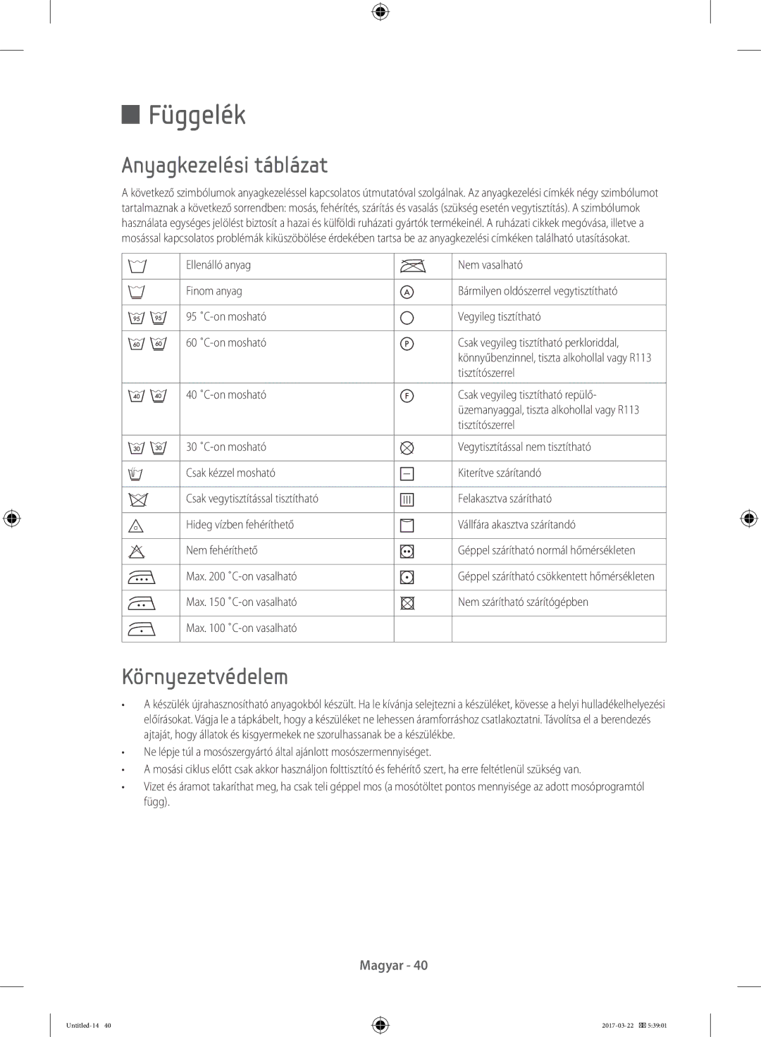 Samsung WF60F4E0W2W/LE, WF80F5E0W4W/LE, WF80F5E0W2W/LE, WF60F4E0W0W/LE Függelék, Anyagkezelési táblázat, Környezetvédelem 