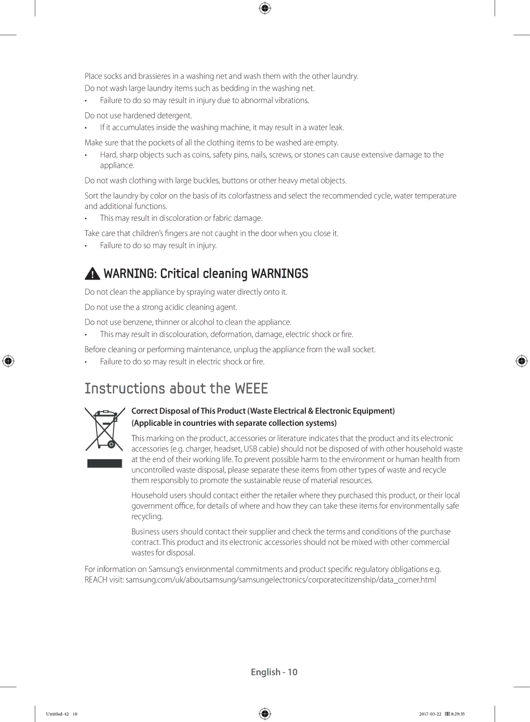 Samsung WW70K5410UW/EF, WF80F5E0W4W/LE, WF80F5E0W2W/LE, WF60F4E0W0W/LE, WW70K5410UW/EO manual Instructions about the Weee 