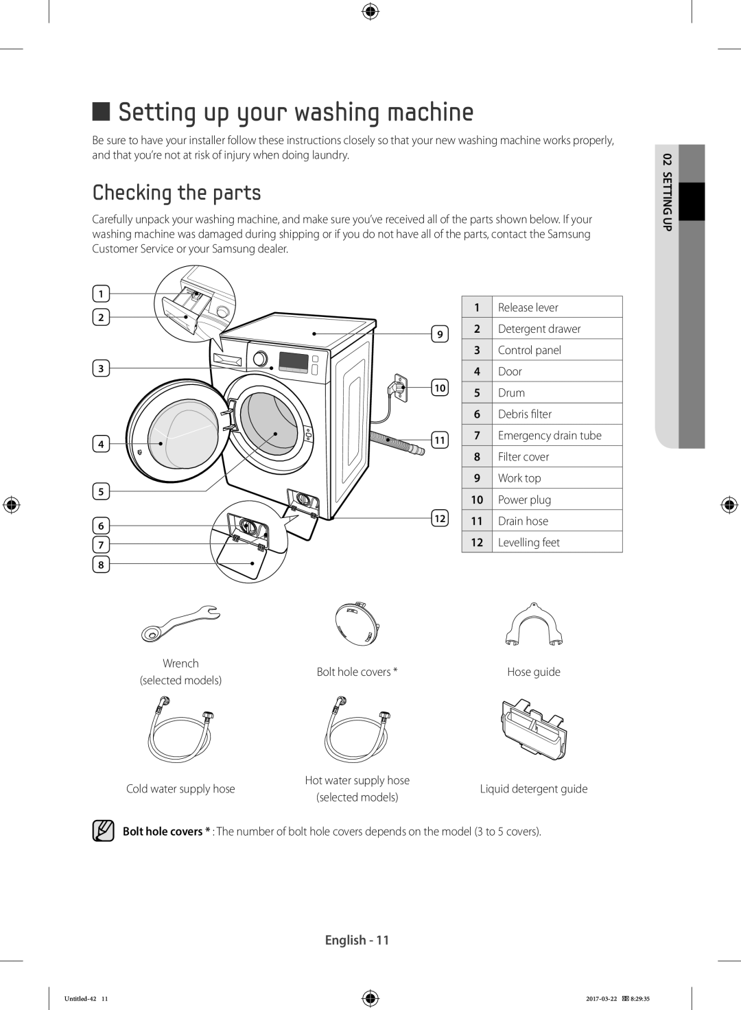 Samsung WF70F5E0W2W/LE, WF80F5E0W4W/LE, WF80F5E0W2W/LE, WF60F4E0W0W/LE Setting up your washing machine, Checking the parts 