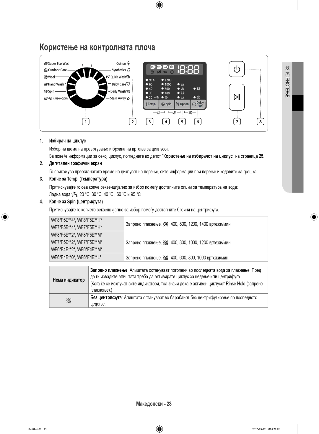 Samsung WF70F5E0W2W/LE, WF80F5E0W4W/LE manual Користење на контролната плоча, Избирач на циклус, Дигитален графички екран 