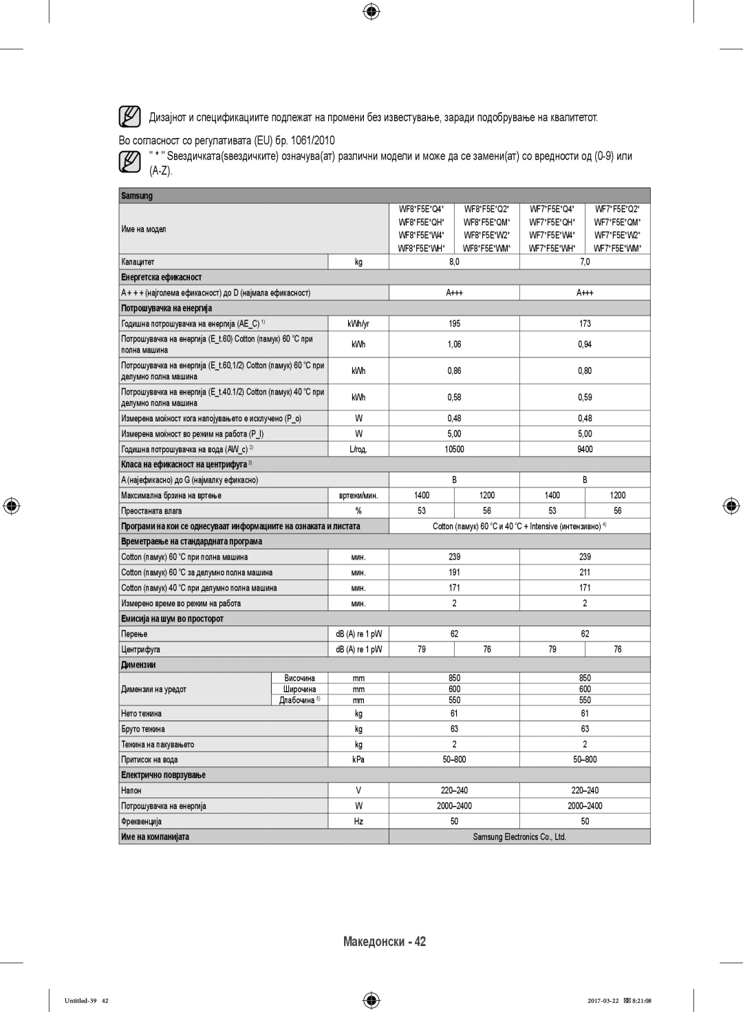 Samsung WW70K5410UW/EO, WF80F5E0W4W/LE manual Класа на ефикасност на центрифуга, Времетраење на стандардната програма 