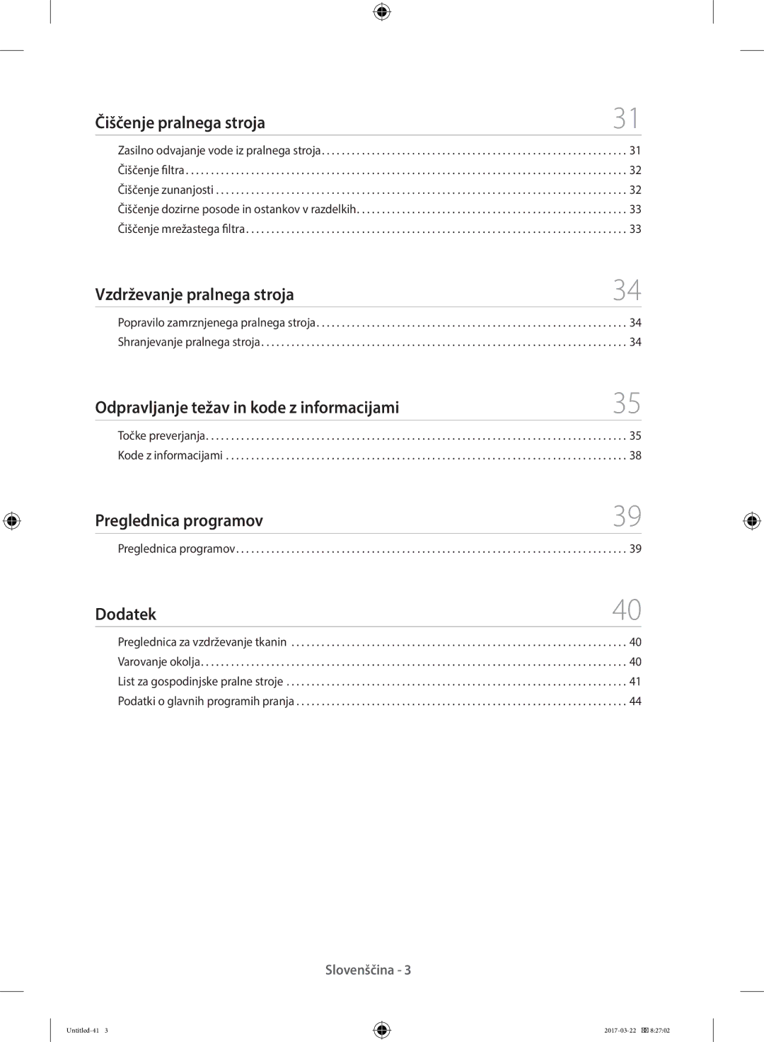 Samsung WW70K5410UW/LE, WF80F5E0W4W/LE, WF80F5E0W2W/LE manual Točke preverjanja Kode z informacijami, Preglednica programov 