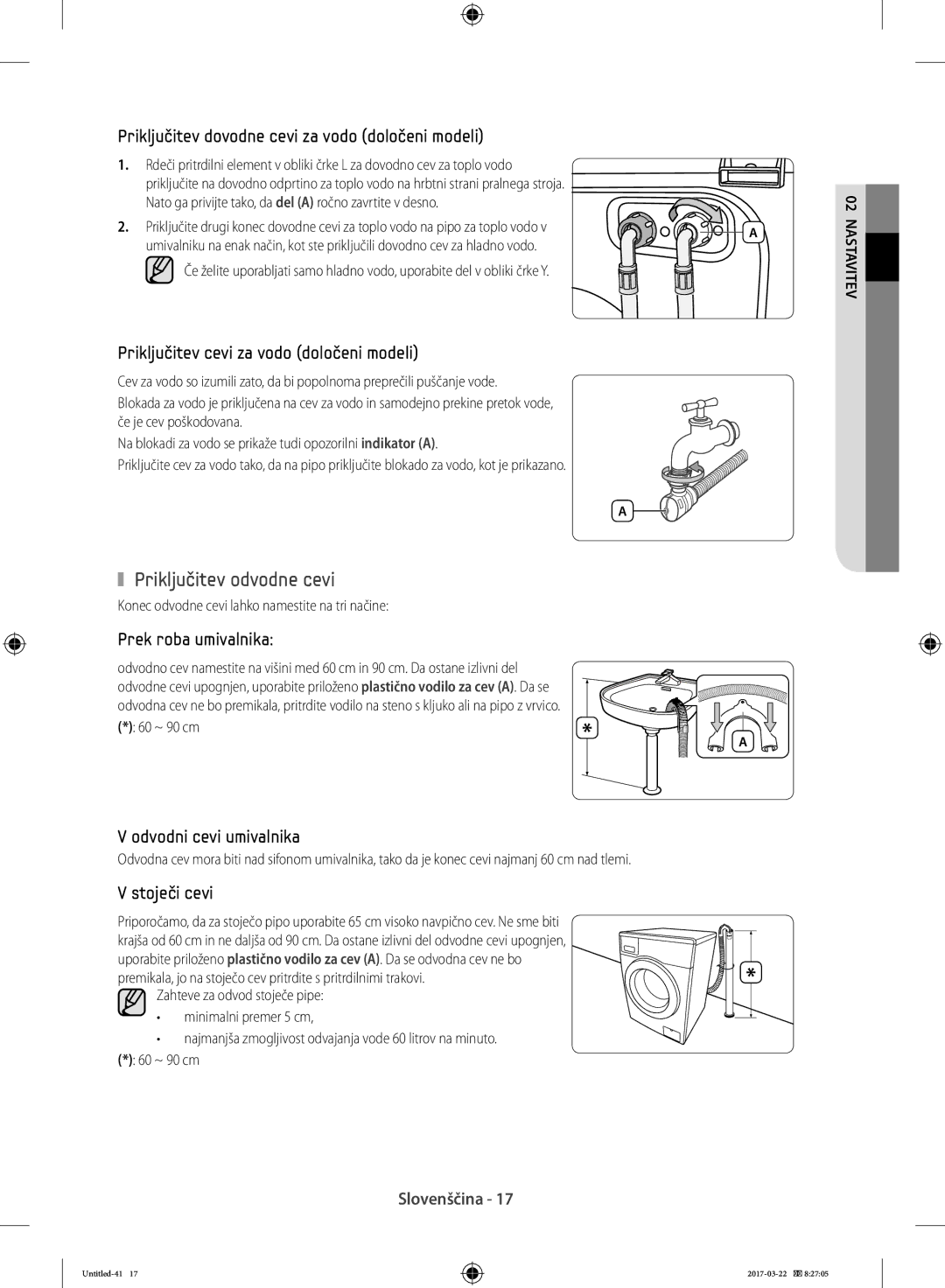 Samsung WF80F5E2U2W/LE, WF80F5E0W4W/LE manual Priključitev odvodne cevi, Konec odvodne cevi lahko namestite na tri načine 