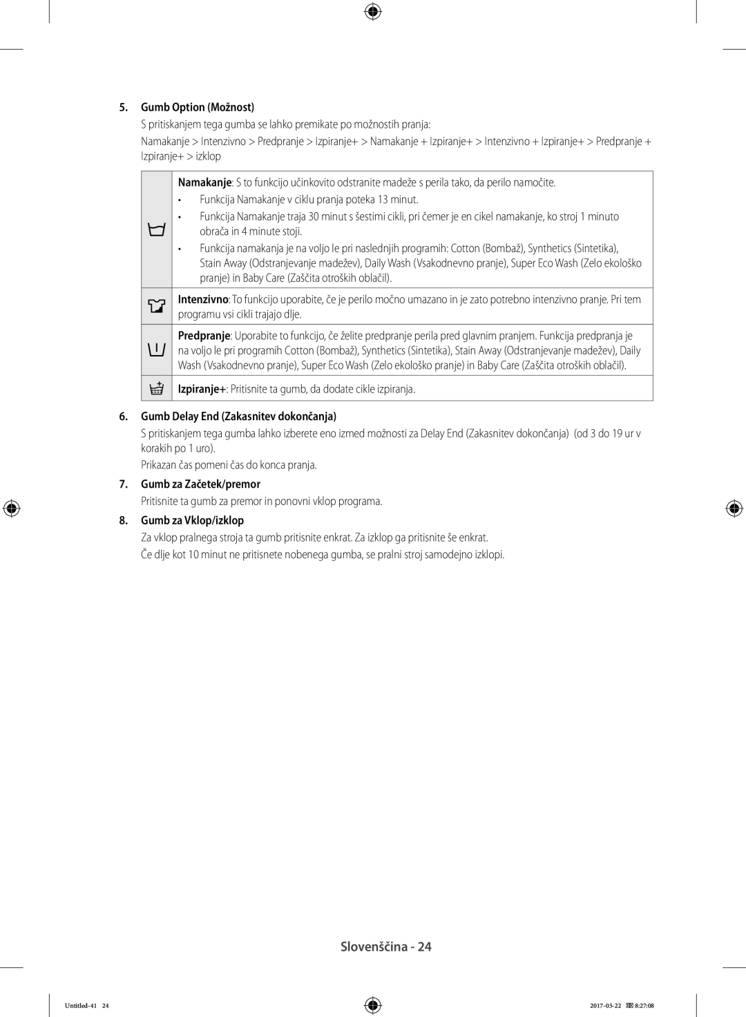 Samsung WF60F4EFW0W/LE, WF80F5E0W4W/LE Gumb Option Možnost, Gumb Delay End Zakasnitev dokončanja, Gumb za Začetek/premor 