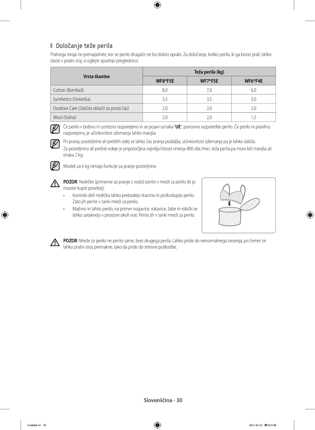 Samsung WW70K5410UW/LE, WF80F5E0W4W/LE manual Določanje teže perila, Vrsta tkanine, Cotton Bombaž Synthetics Sintetika 