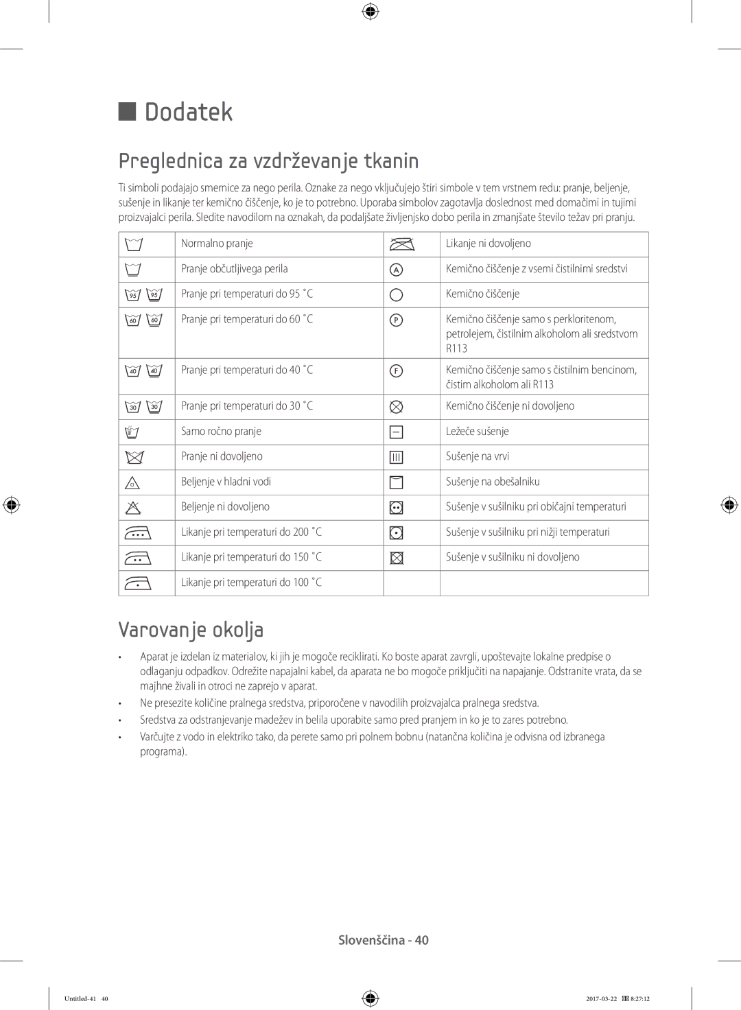 Samsung WF70F5E0W4W/WS, WF80F5E0W4W/LE, WF80F5E0W2W/LE manual Dodatek, Preglednica za vzdrževanje tkanin, Varovanje okolja 