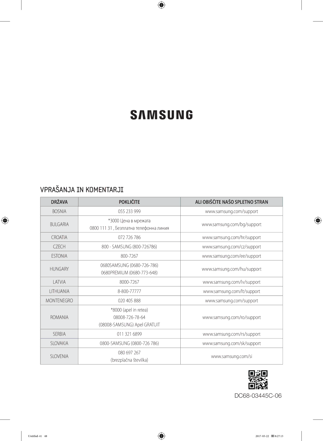 Samsung WW70K5410UW/EO, WF80F5E0W4W/LE, WF80F5E0W2W/LE, WF60F4E0W0W/LE manual Vprašanja in Komentarji, Država Pokličite 