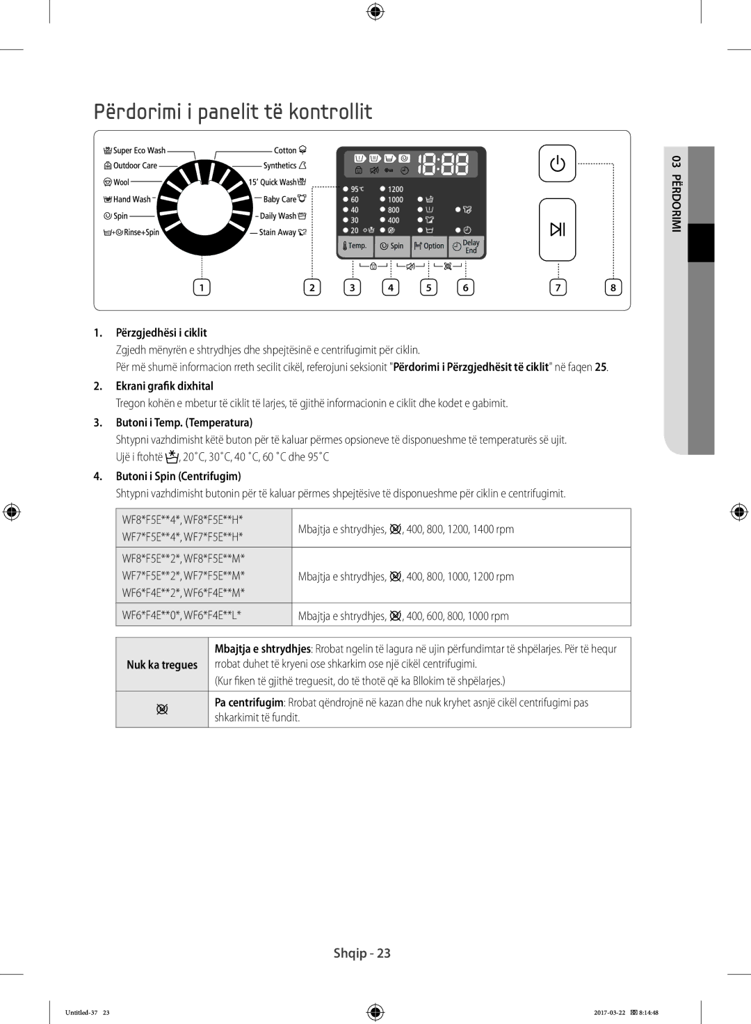 Samsung WF80F5E2U2W/LE, WF80F5E0W4W/LE Përdorimi i panelit të kontrollit, Përzgjedhësi i ciklit, Ekrani grafik dixhital 