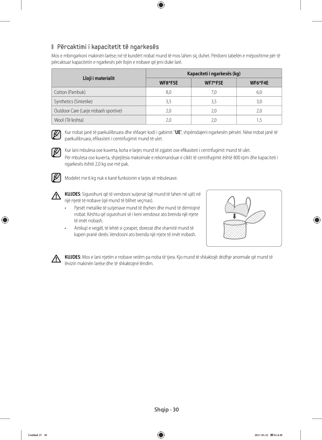 Samsung WF60F4EFW0W/LE manual Përcaktimi i kapacitetit të ngarkesës, Lloji i materialit, Cotton Pambuk Synthetics Sintetike 