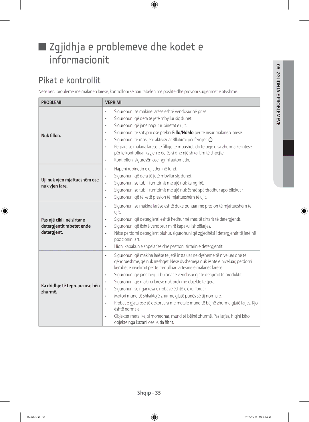 Samsung WF70F5E0W2W/LE manual Zgjidhja e problemeve dhe kodet e informacionit, Pikat e kontrollit, Problemi Veprimi 