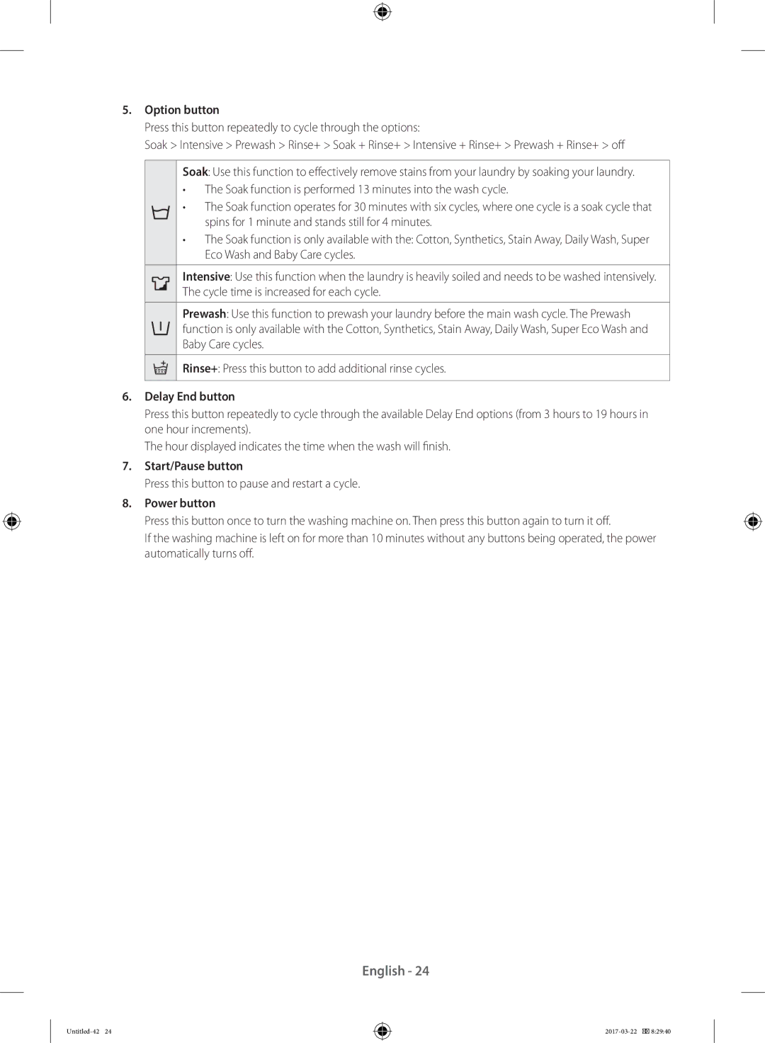 Samsung WF70F5E2U2W/LE Option button, Delay End button, Start/Pause button, Press this button to pause and restart a cycle 