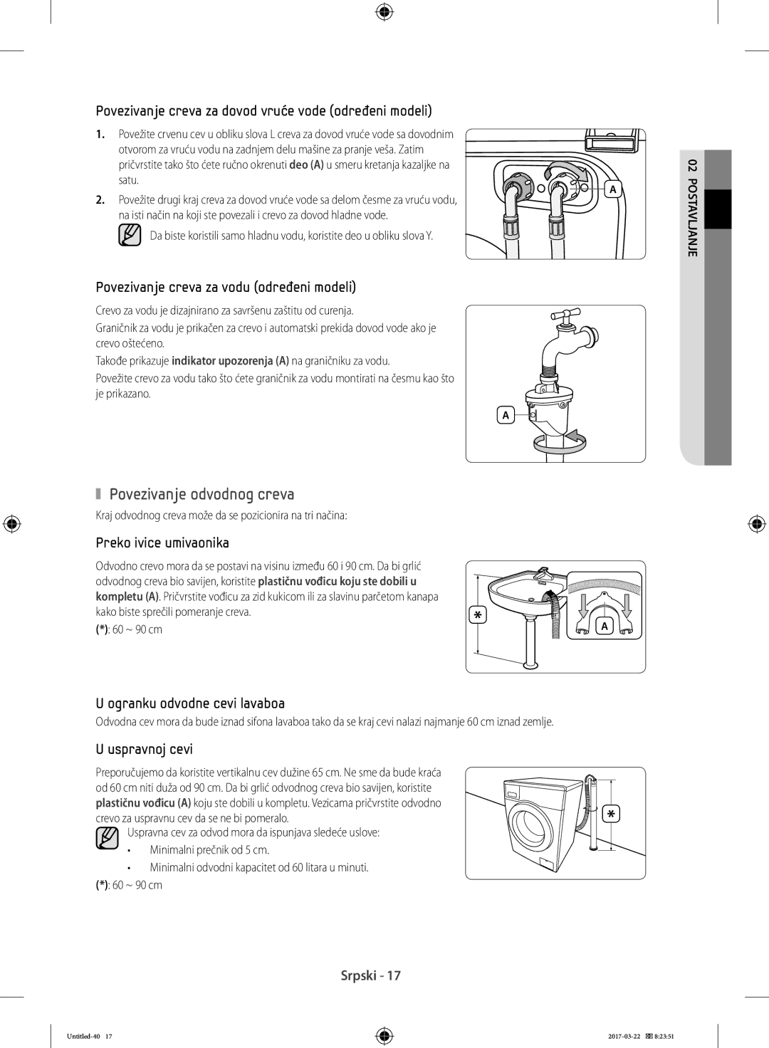 Samsung WF70F5E0W4W/LE manual Povezivanje odvodnog creva, Satu, Kraj odvodnog creva može da se pozicionira na tri načina 