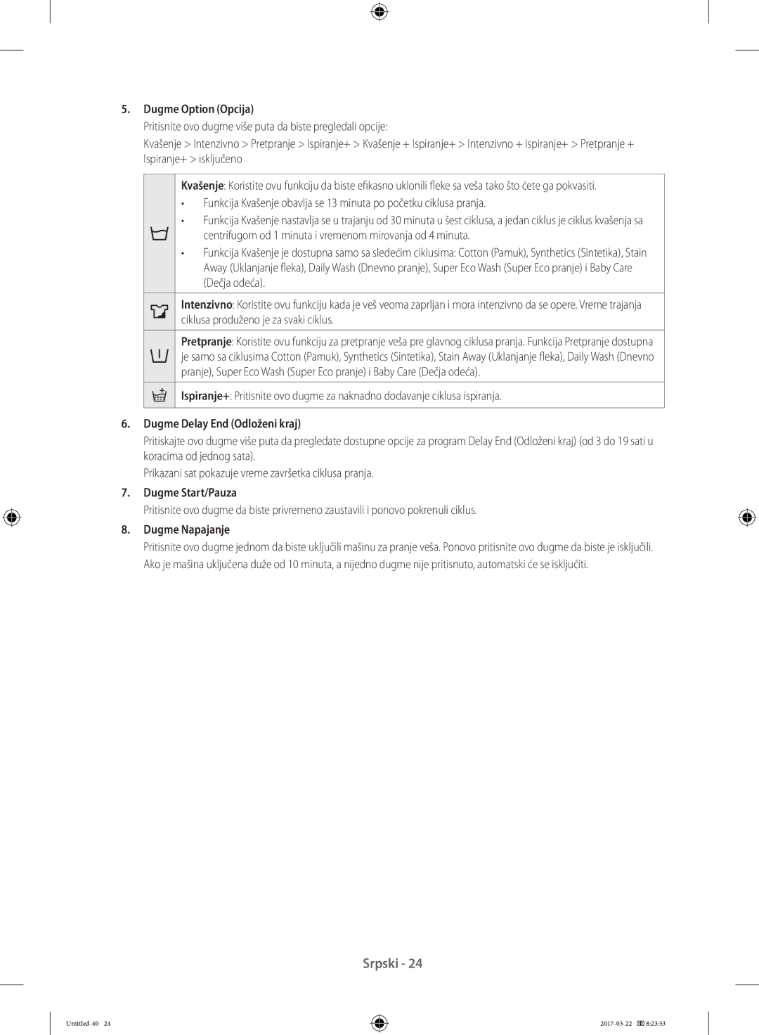 Samsung WF60F4ECW2W/EO manual Dugme Option Opcija, Dugme Delay End Odloženi kraj, Dugme Start/Pauza, Dugme Napajanje 