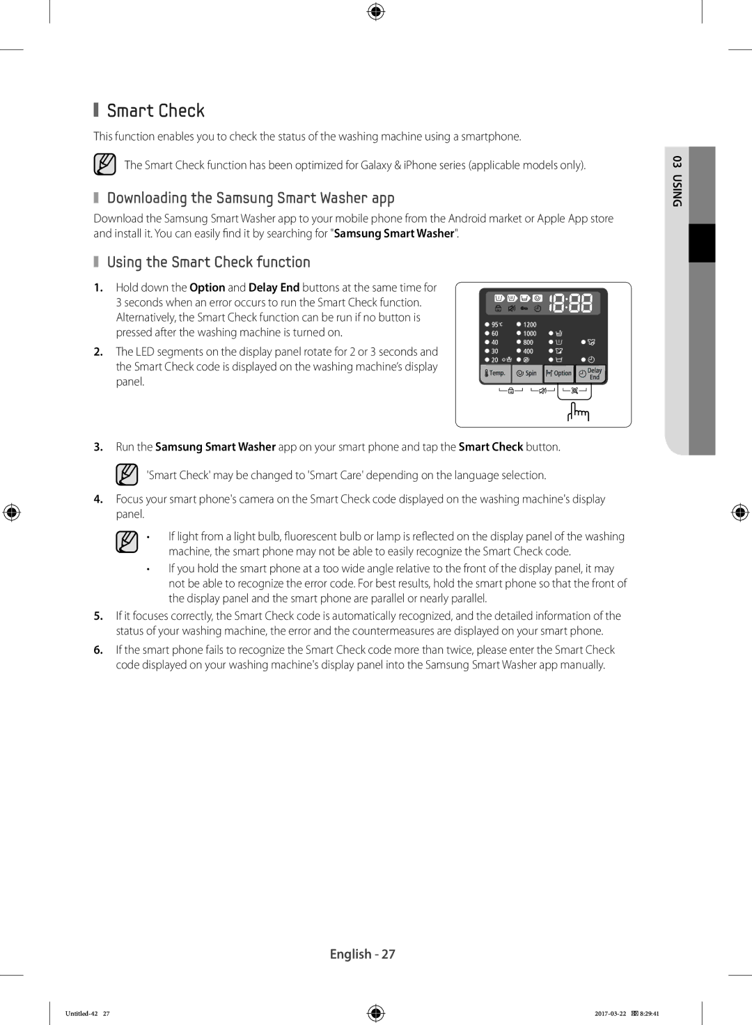 Samsung WF80F5E0W4W/LE, WF80F5E0W2W/LE manual Downloading the Samsung Smart Washer app, Using the Smart Check function 