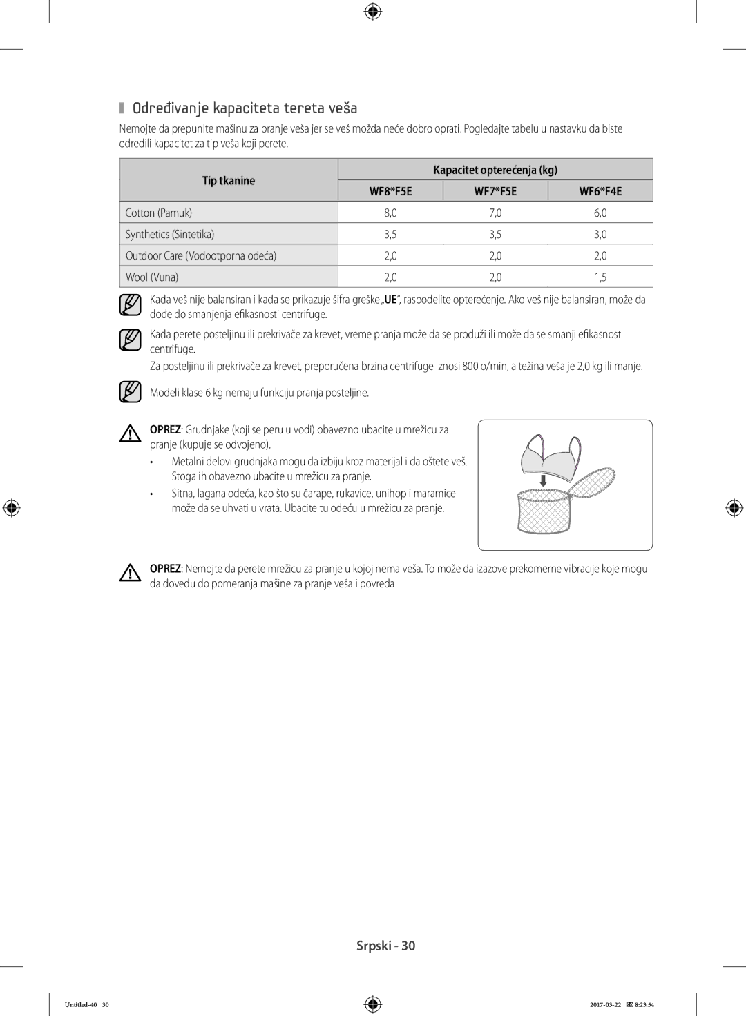 Samsung WF80F5E0W4W/LE, WF80F5E0W2W/LE, WF60F4E0W0W/LE, WW70K5410UW/EO manual Određivanje kapaciteta tereta veša, Tip tkanine 