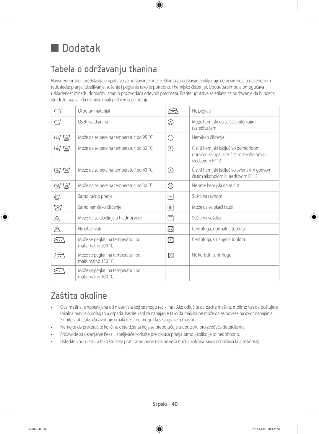 Samsung WW70K5410UW/EF, WF80F5E0W4W/LE, WF80F5E0W2W/LE, WF60F4E0W0W/LE manual Tabela o održavanju tkanina, Zaštita okoline 