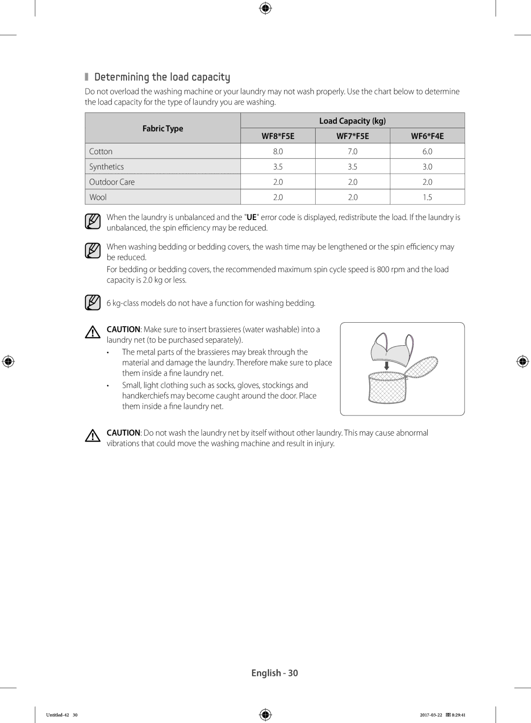 Samsung WW70K5410UW/EO, WF80F5E0W4W/LE, WF80F5E0W2W/LE manual Determining the load capacity, Fabric Type, Cotton Synthetics 